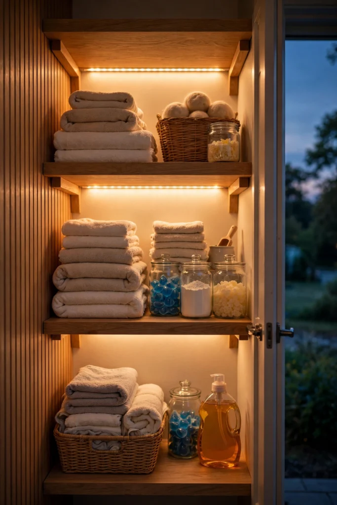 Laundry closet ideas illuminated by warm LED strip lights under shelves and a puck light on the back wall.
