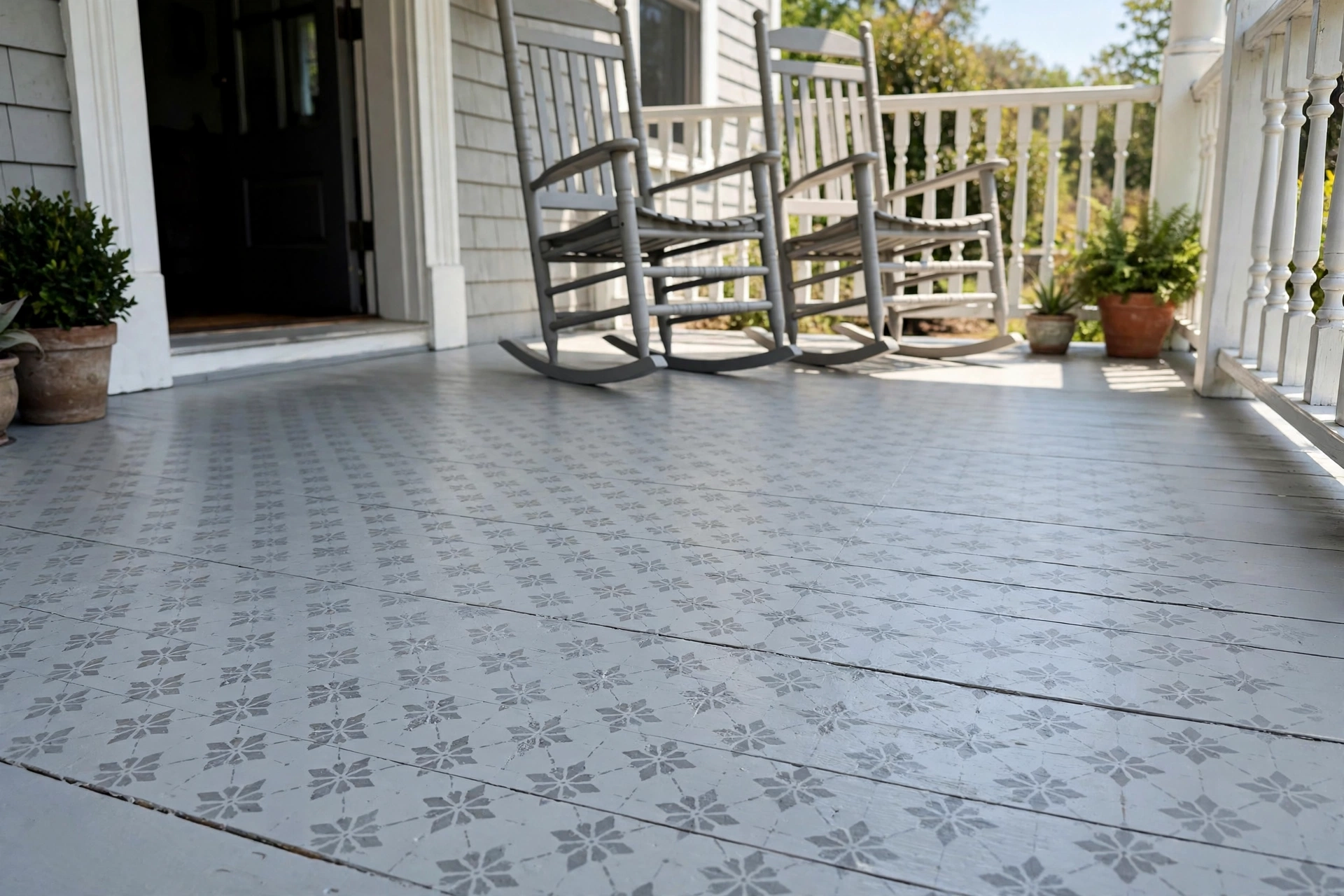 Front porch decorating ideas featuring a freshly painted gray wood porch floor with a stenciled pattern.