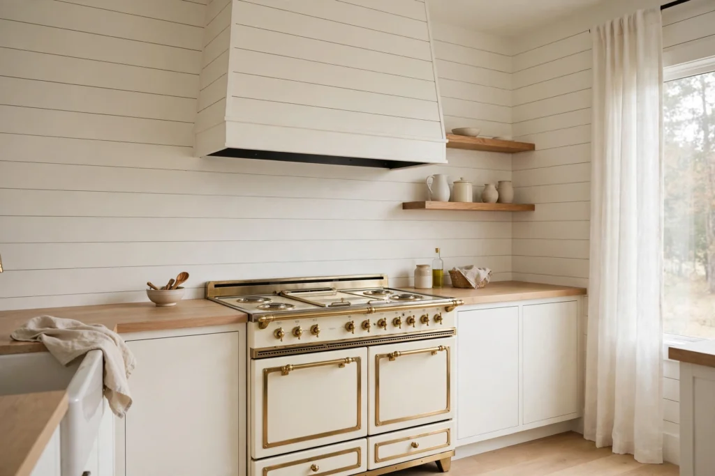 Cream vintage-style range with brass trim and shiplap chimney hood in farmhouse kitchen