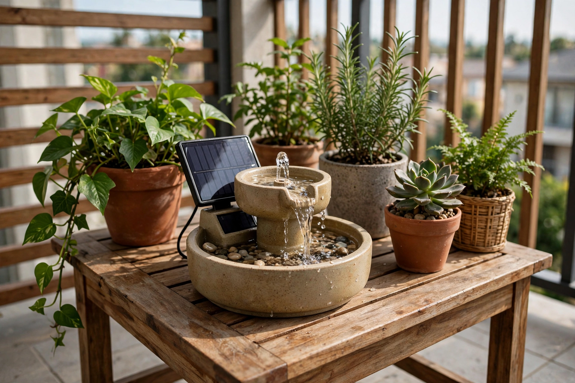 Balcony decor ideas featuring a small tabletop solar fountain on a side table among potted plants.