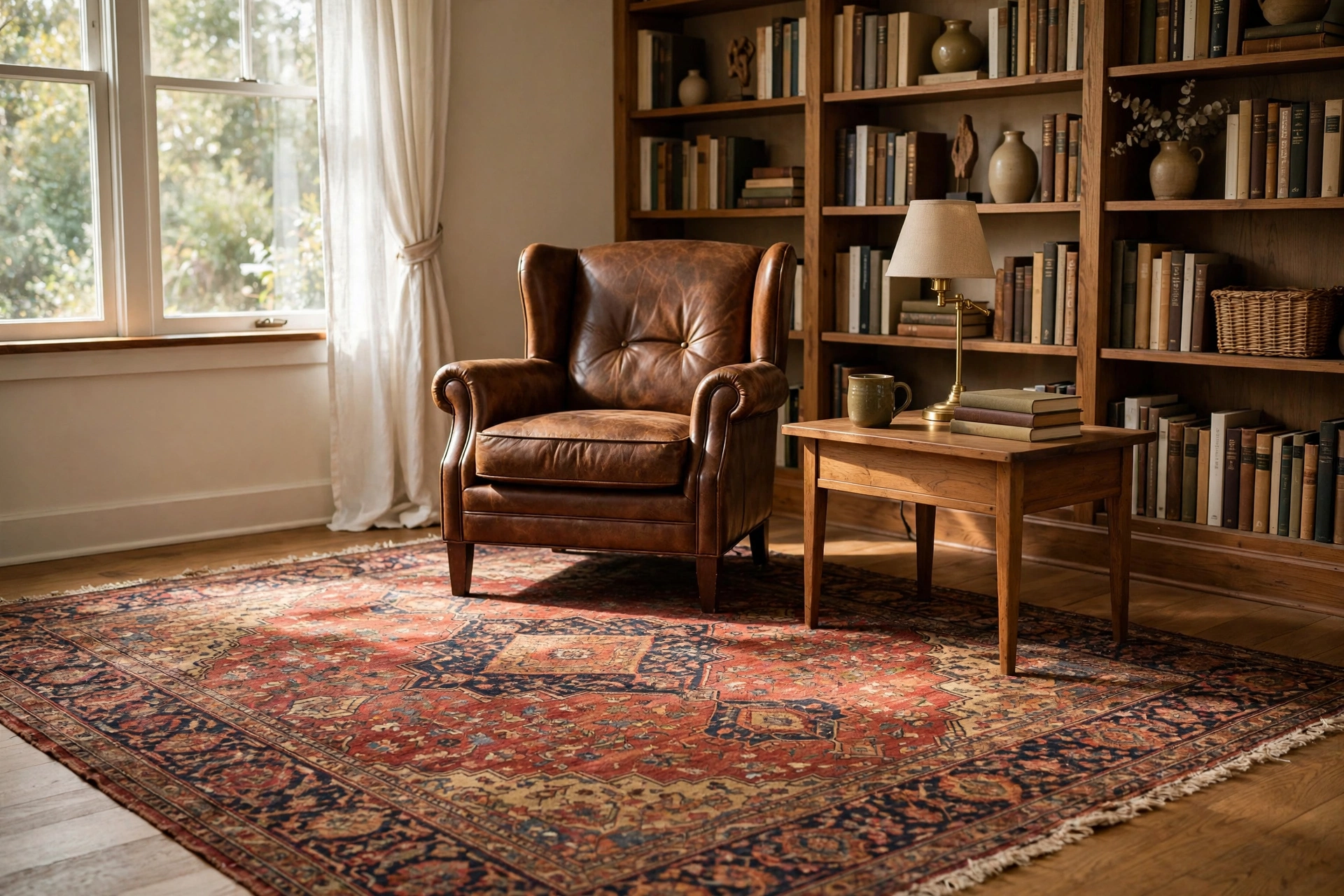 Home library design ideas with a large Persian rug defining the reading zone under an armchair and side table.
