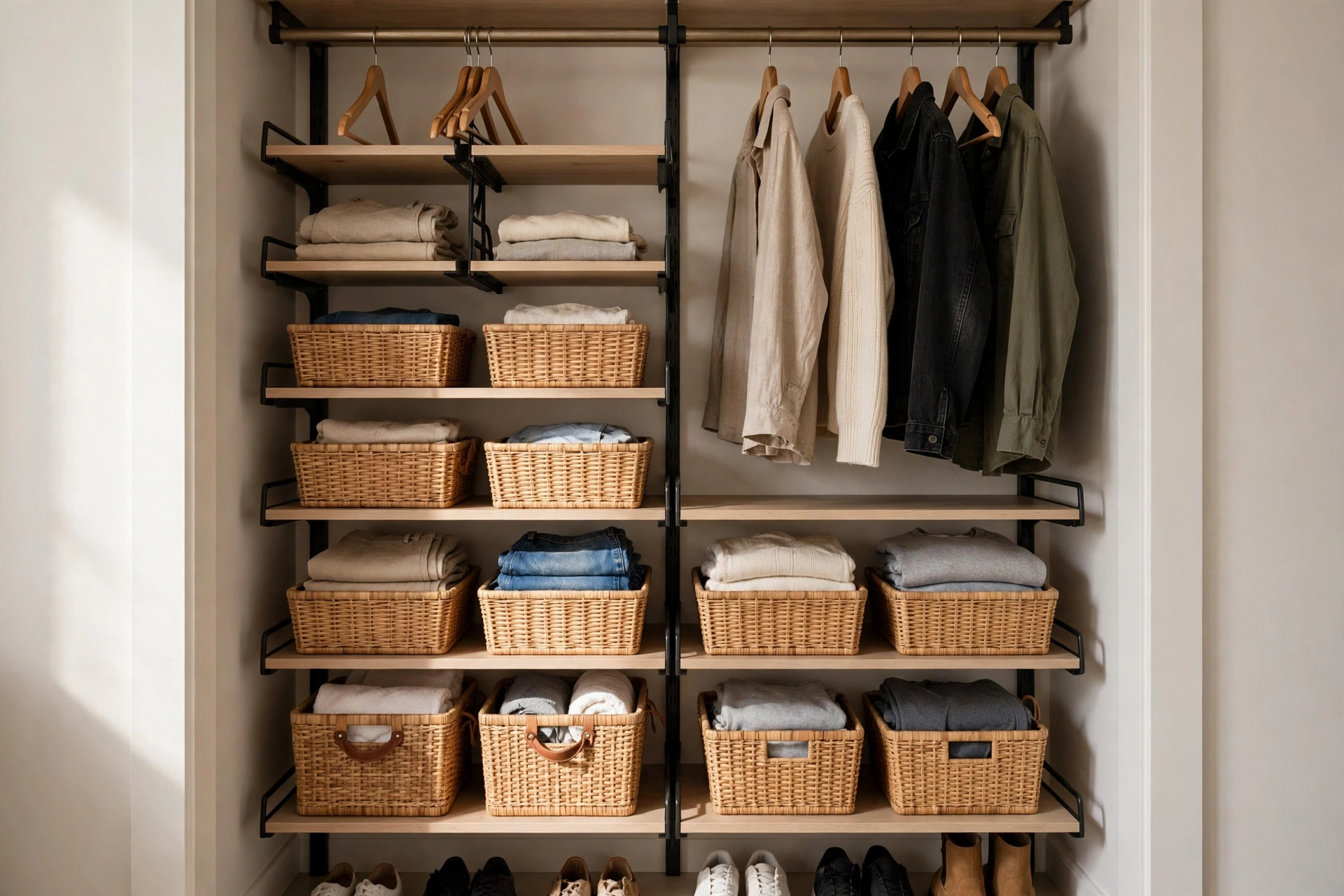Organized apartment closet with hanging shelves and storage baskets