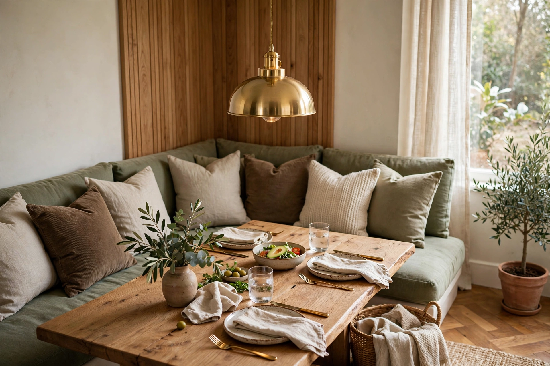 Brass pendant light hanging above cozy banquette dining table