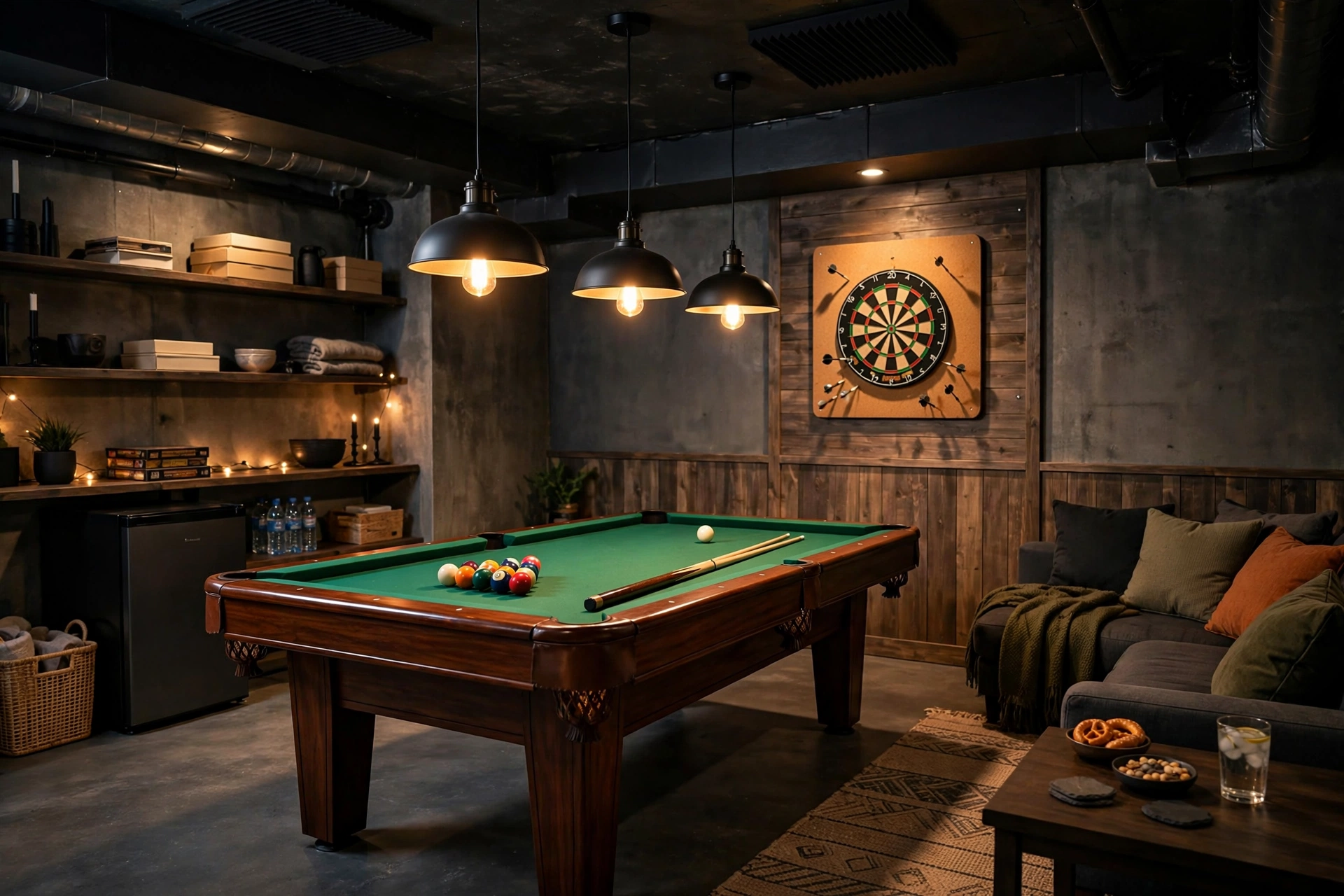 Basement game zone with pool table, dartboard, and pendant light for group nights