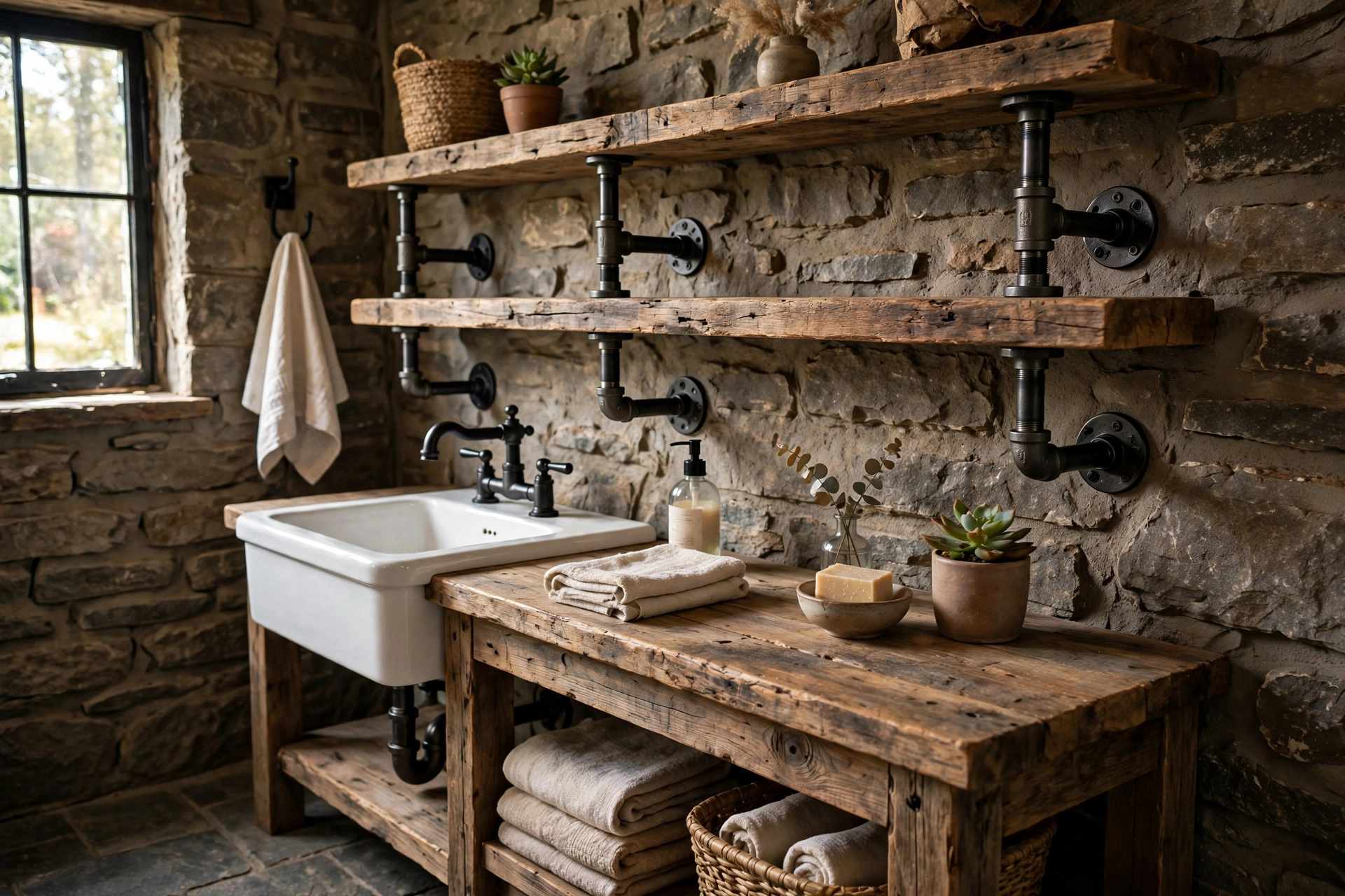 Industrial pipe brackets with reclaimed wood shelves in rustic bathroom