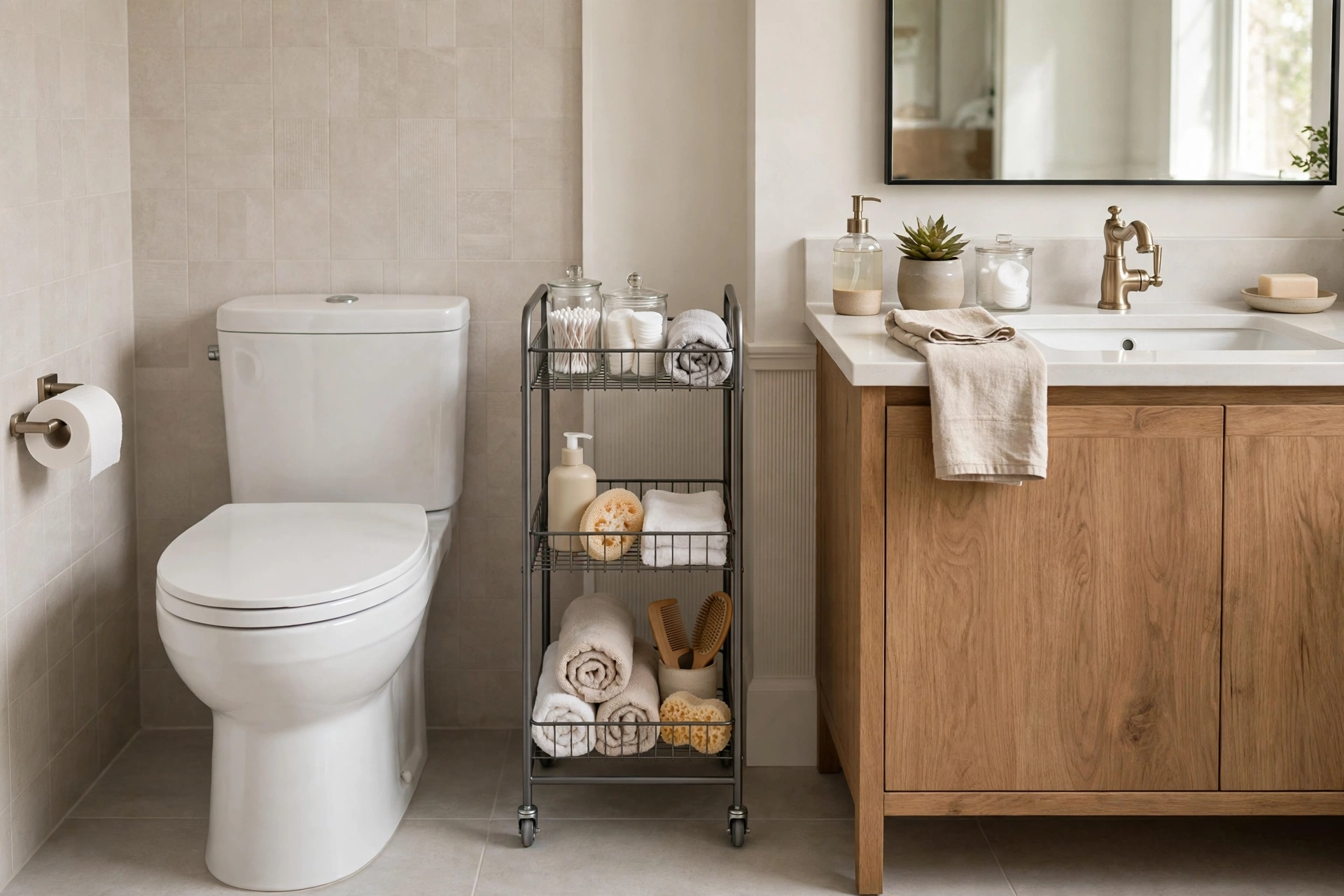 Slim rolling storage cart between toilet and vanity with bathroom essentials