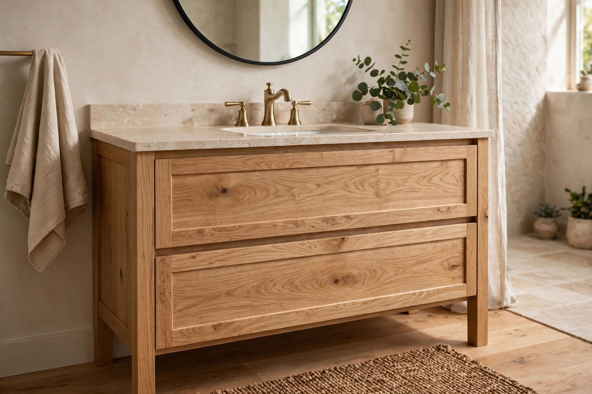 Warm white oak bathroom vanity adding natural texture