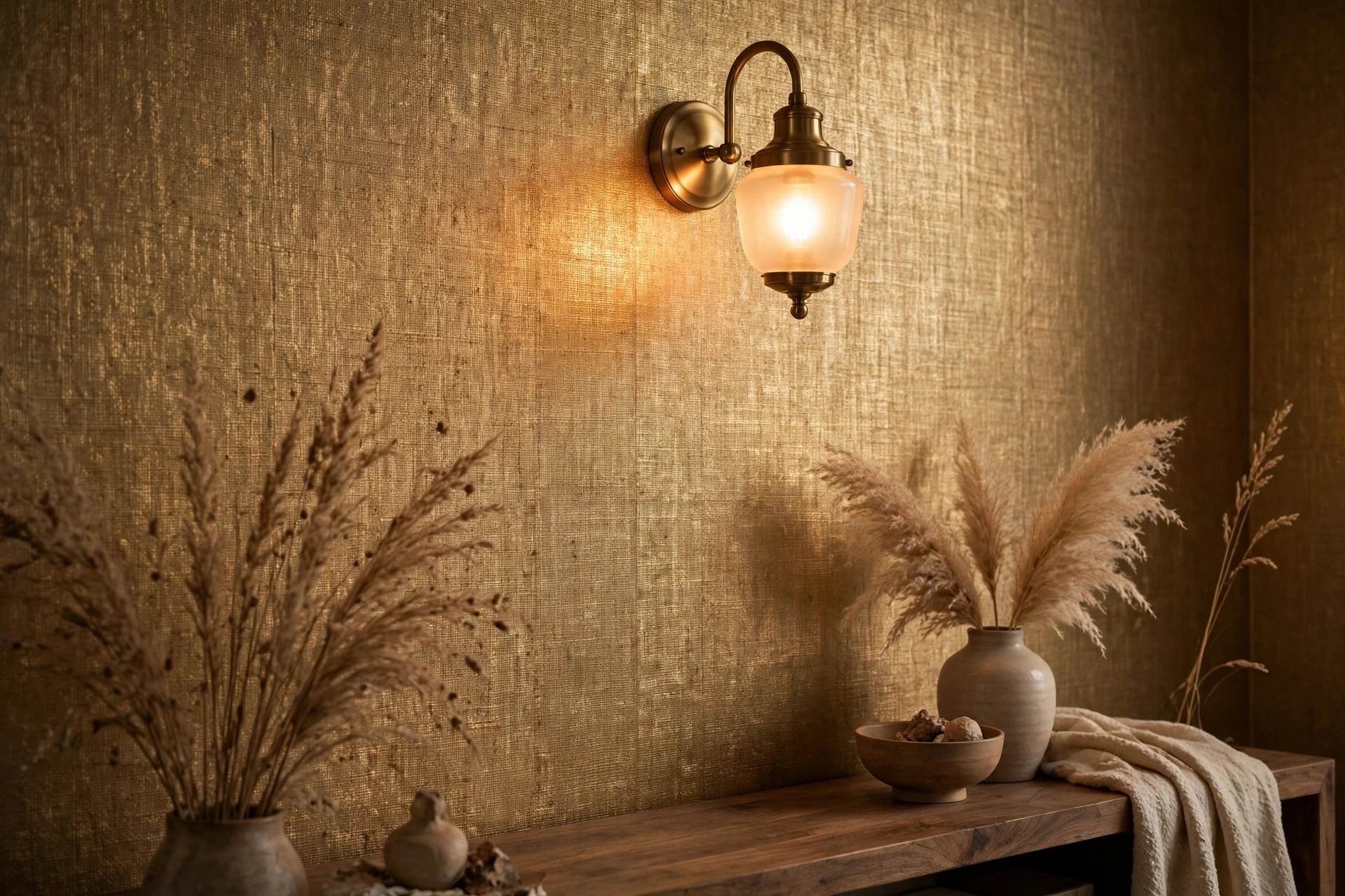 Metallic gold grasscloth wallpaper glowing under warm sconce light