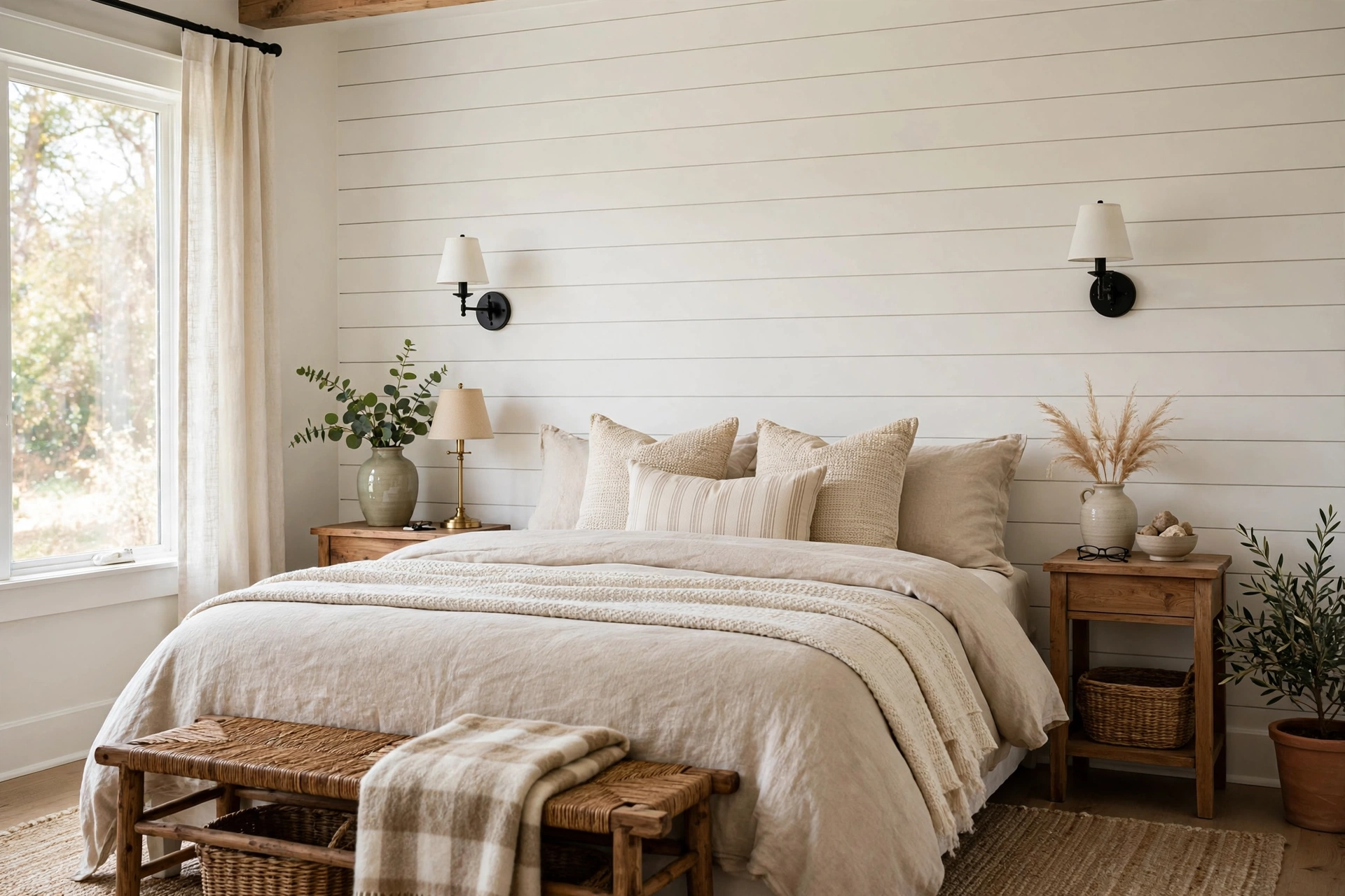 White horizontal shiplap accent wall giving farmhouse charm to a bedroom
