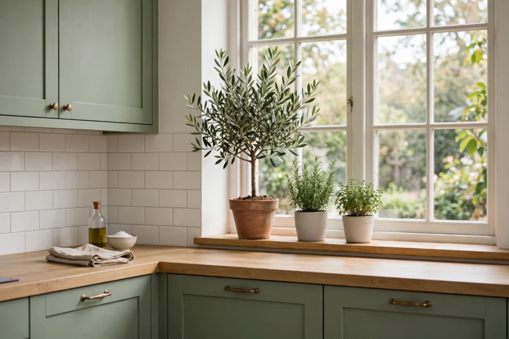 Potted olive tree and herbs on a windowsill in a sage green kitchen