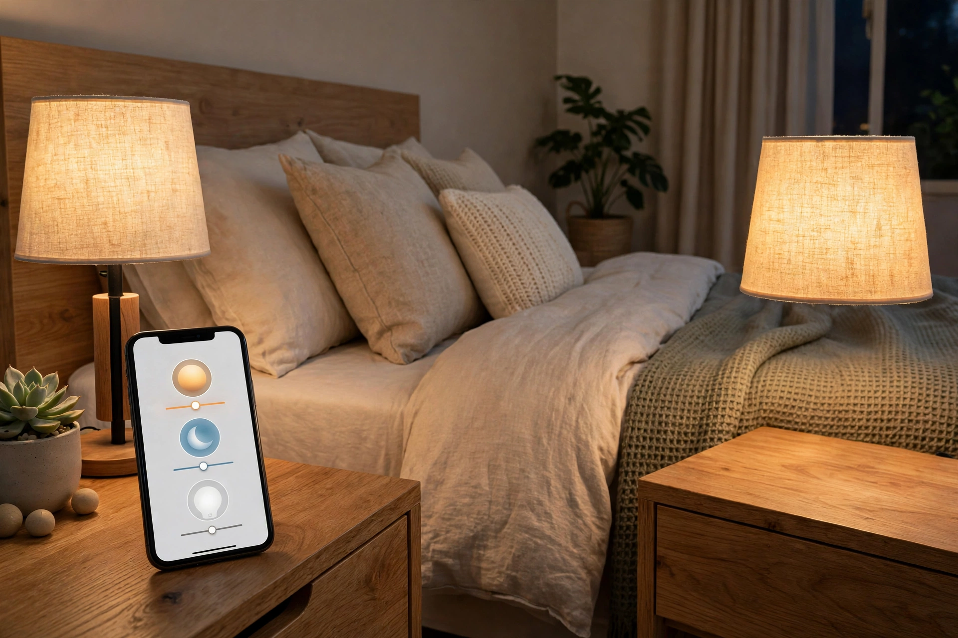 Smart bulbs in bedside lamps controlled by phone app for bedroom lighting scenes