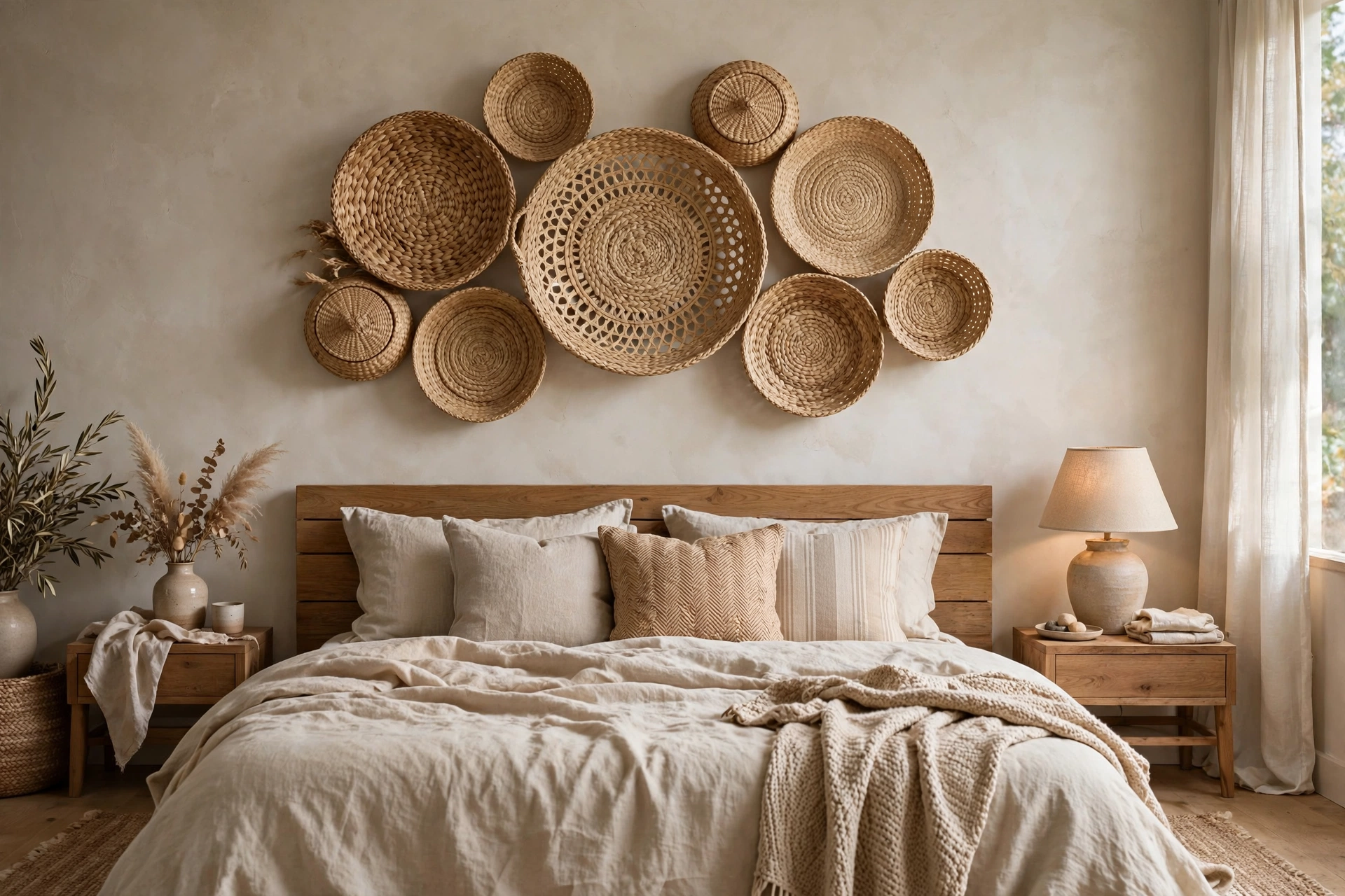 Cluster of woven seagrass baskets arranged as wall art above the bed