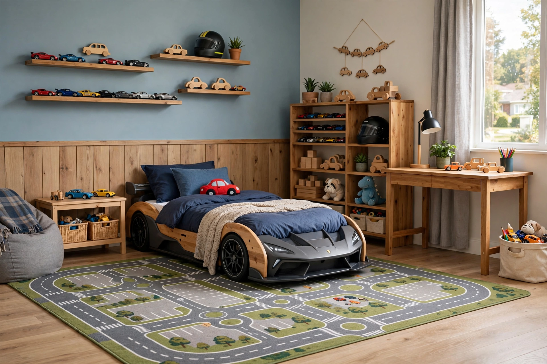 Boys bedroom race track room with road rug and car decor
