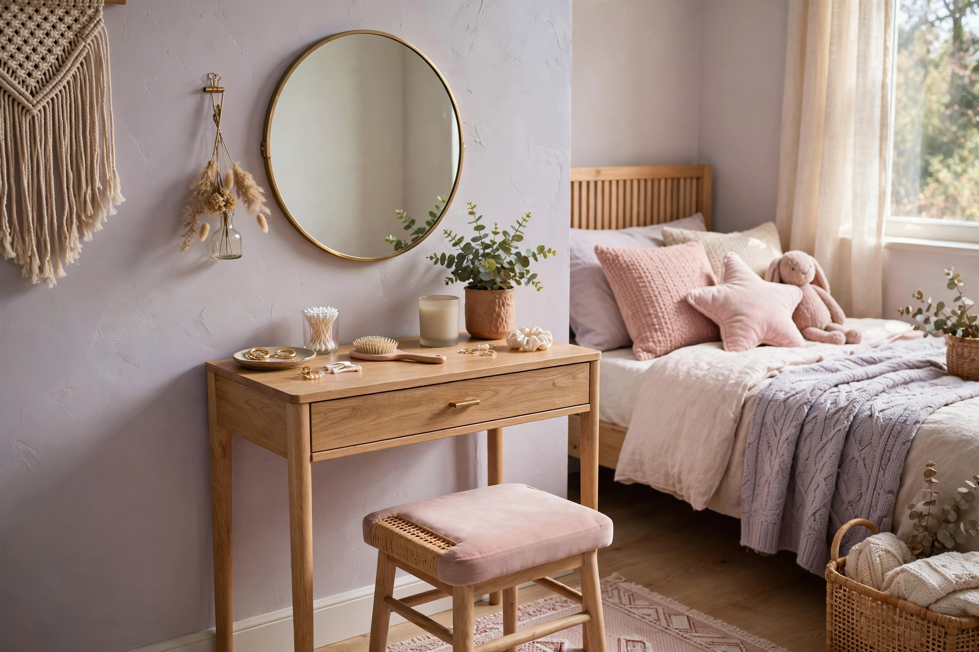 Small vanity table with round mirror in teen girl bedroom