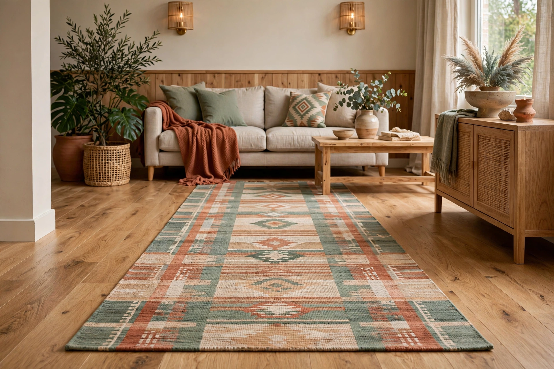 Runner rug colors coordinated with the adjoining living room decor palette