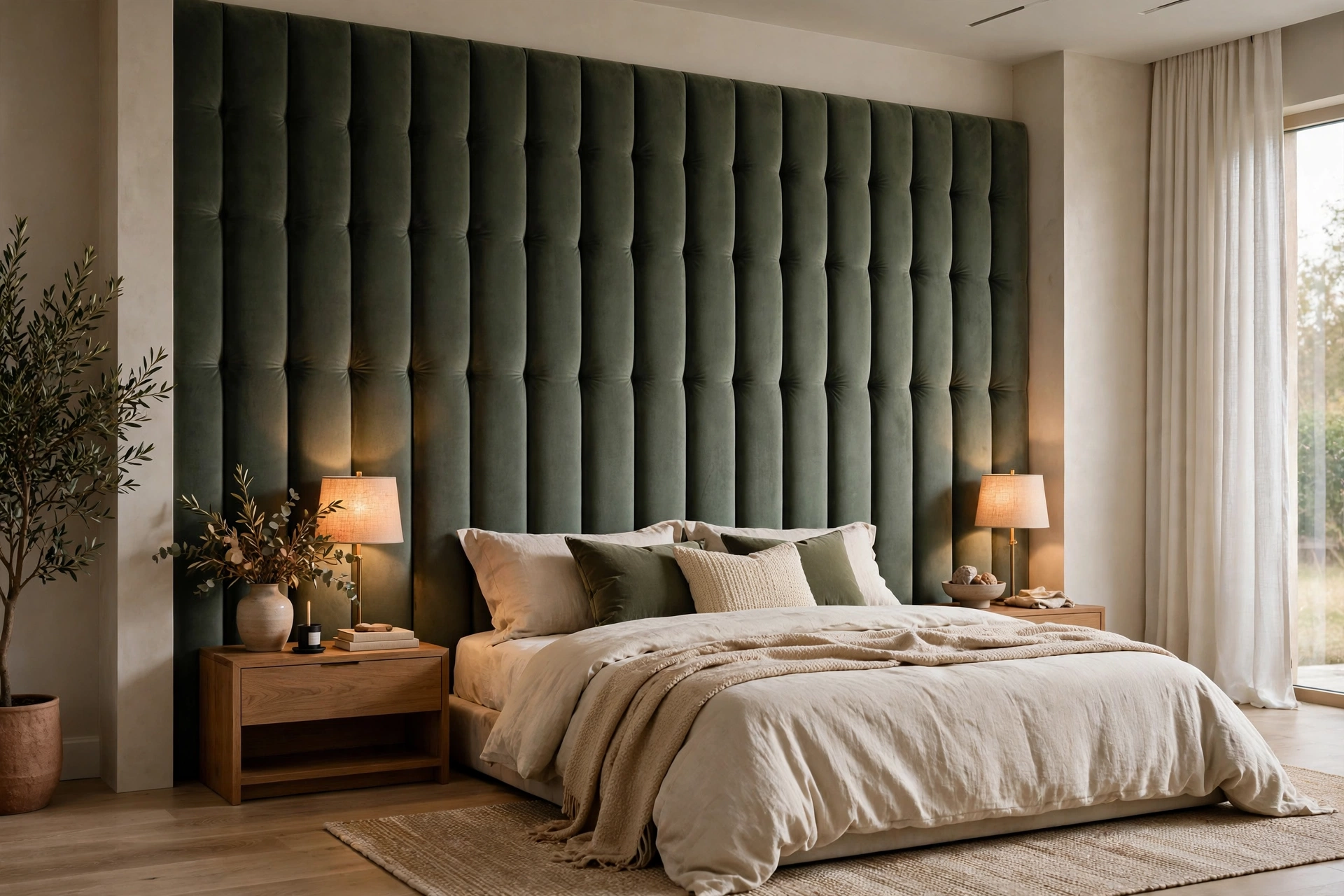 Oversized floor-to-ceiling upholstered headboard making a dramatic bedroom statement