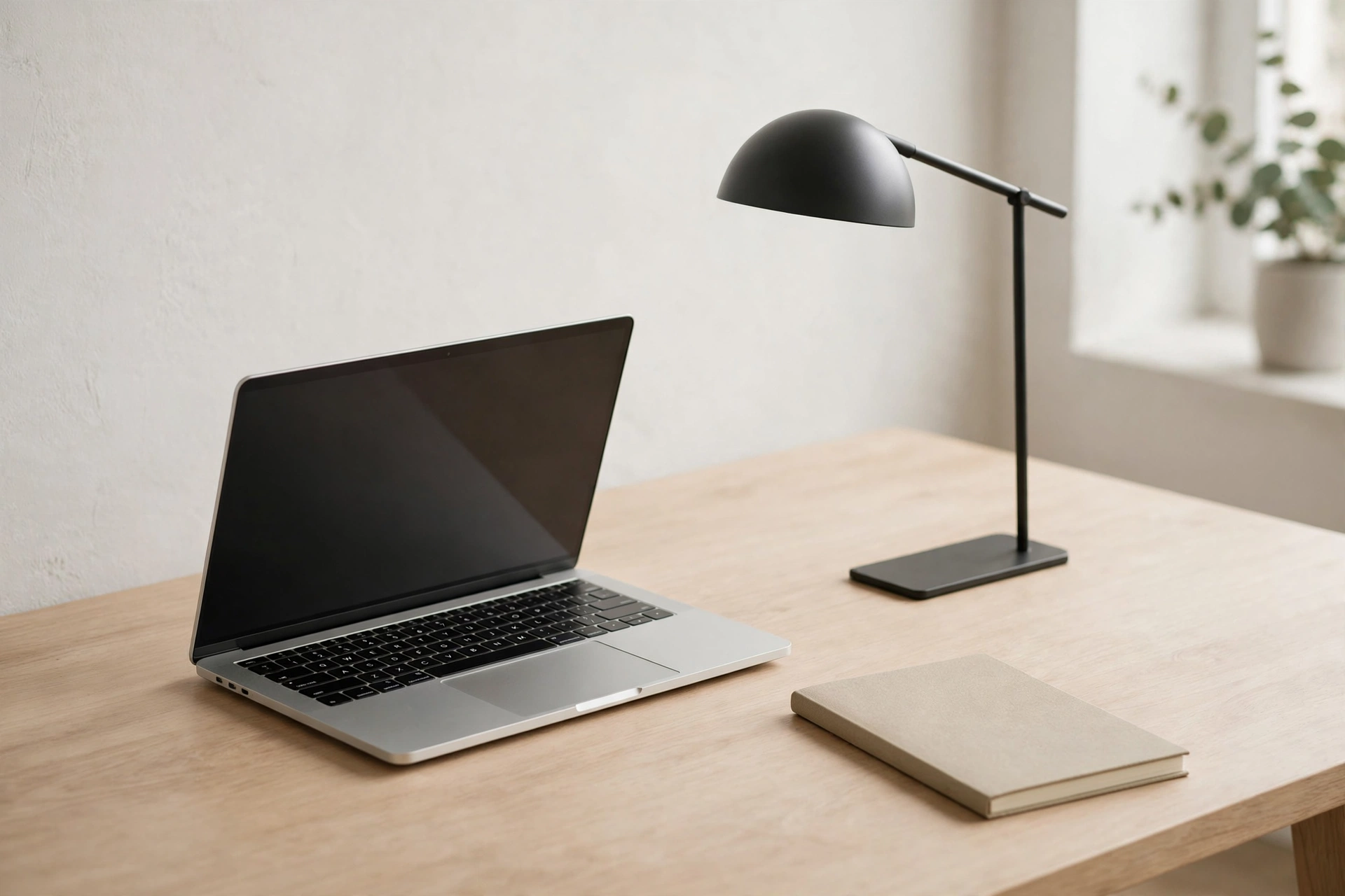 Minimalist home office desk with only laptop lamp and notebook
