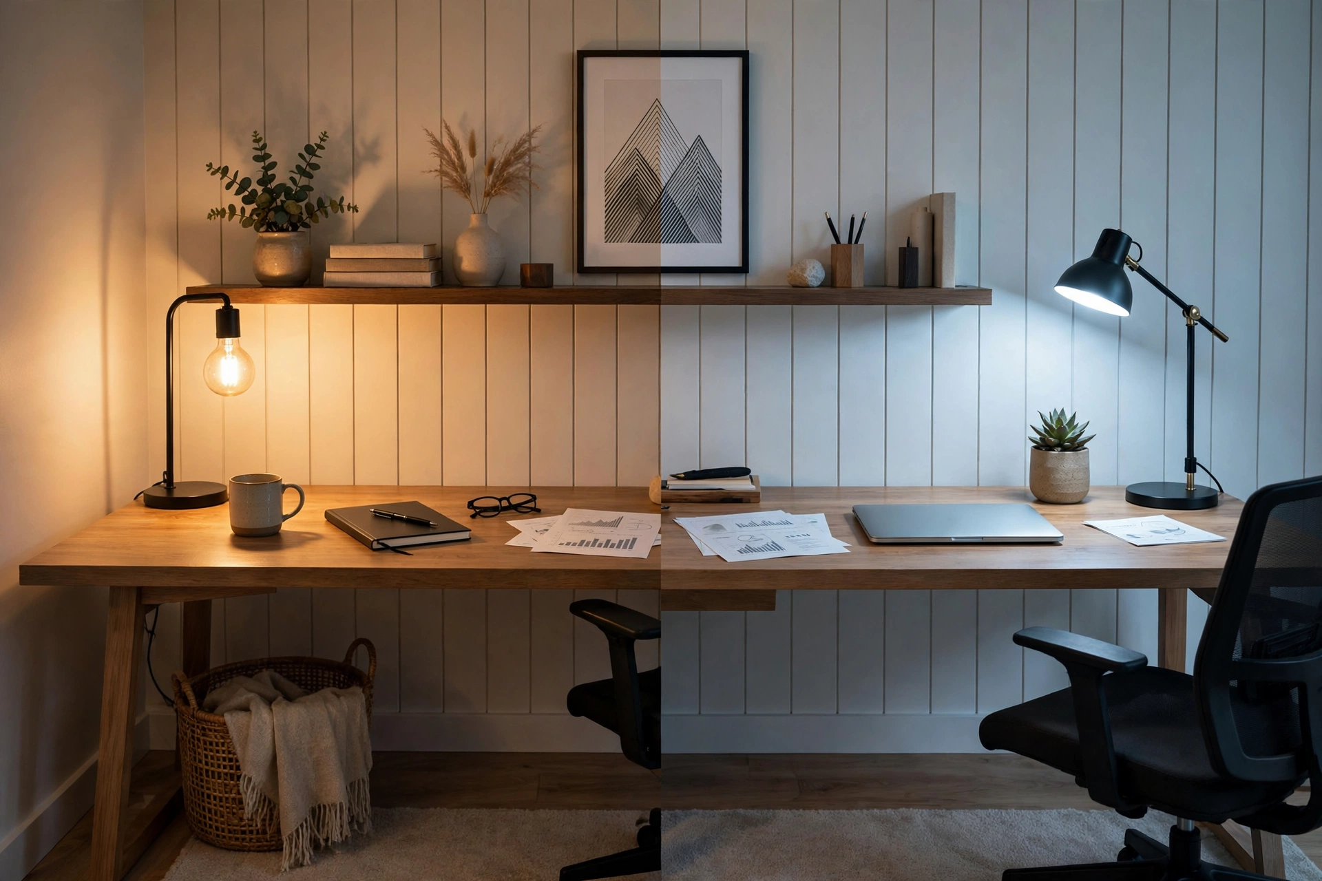 Comparison of warm and cool bulbs lighting same home office desk