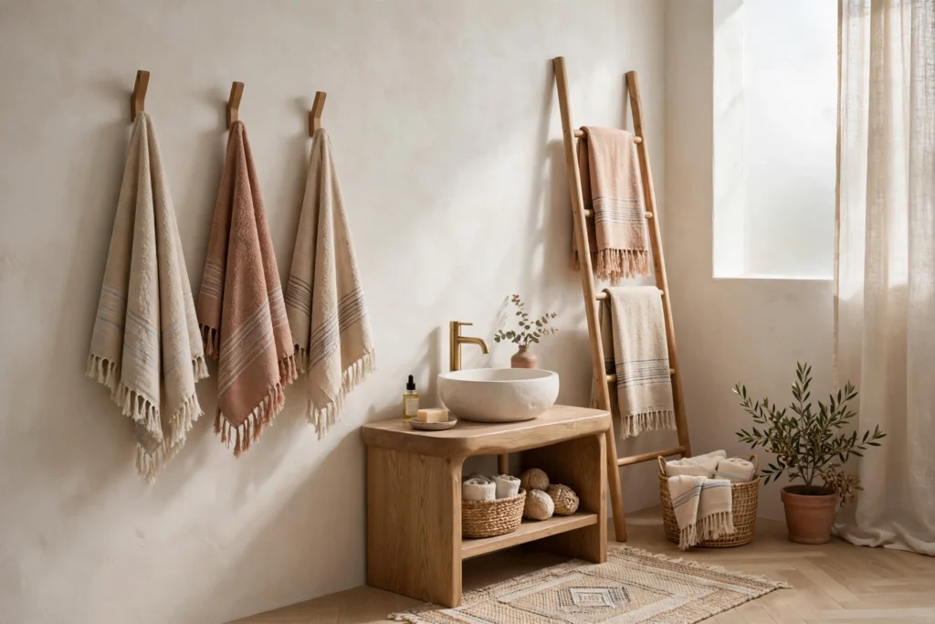 Turkish towels with fringe on hooks and a ladder rack in a boho bathroom