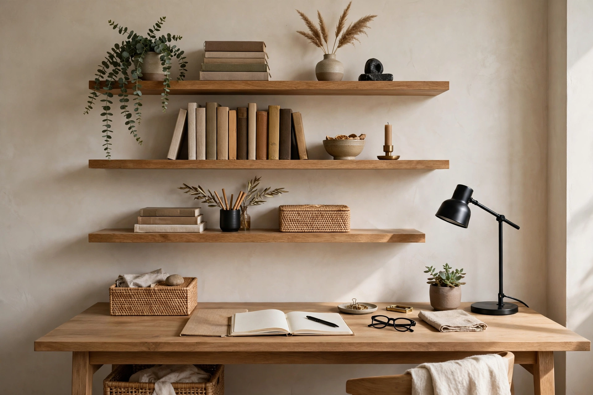 Floating shelves above desk with books and organized decor