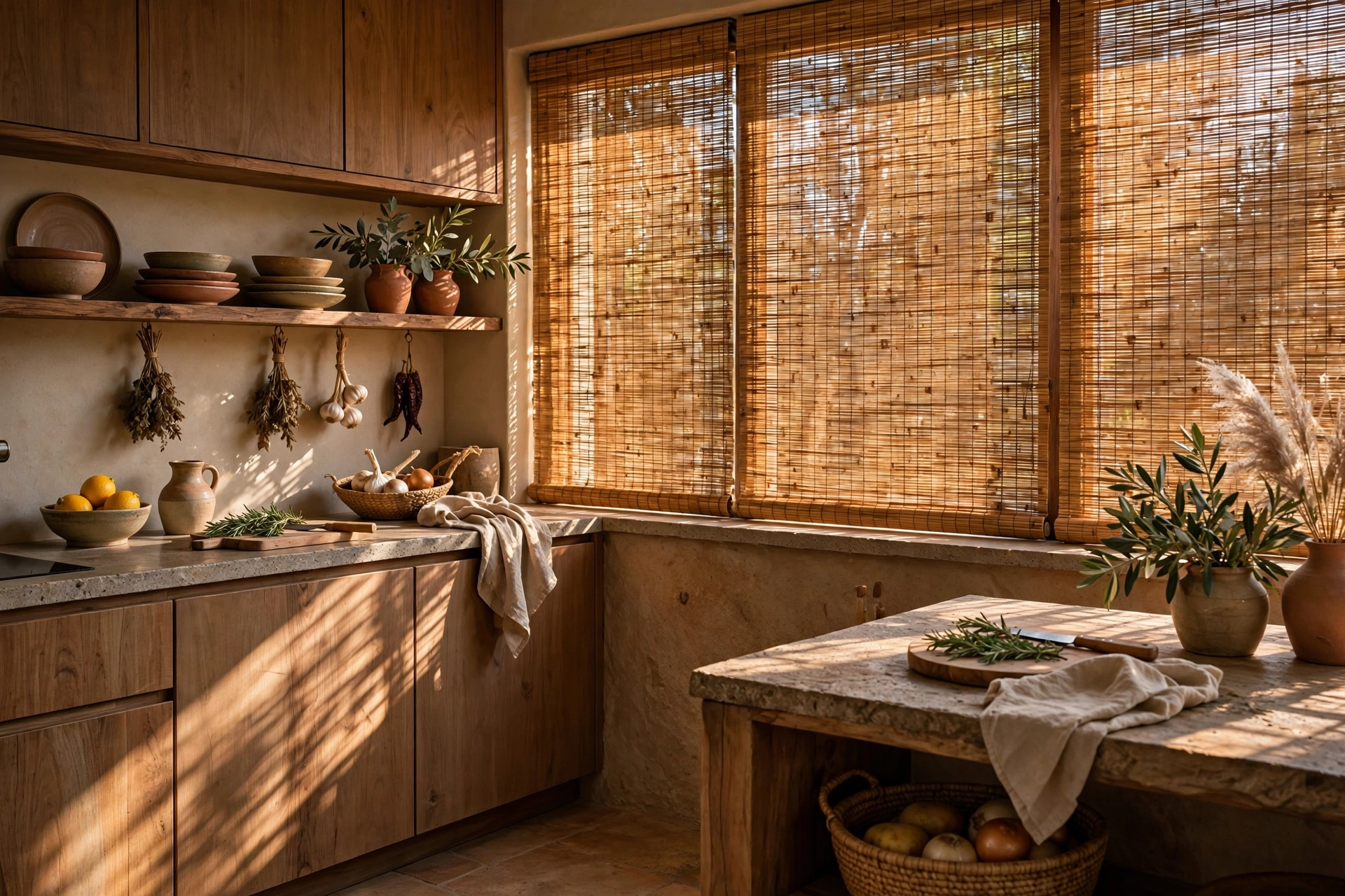Natural bamboo woven shades filtering warm light in an earthy kitchen