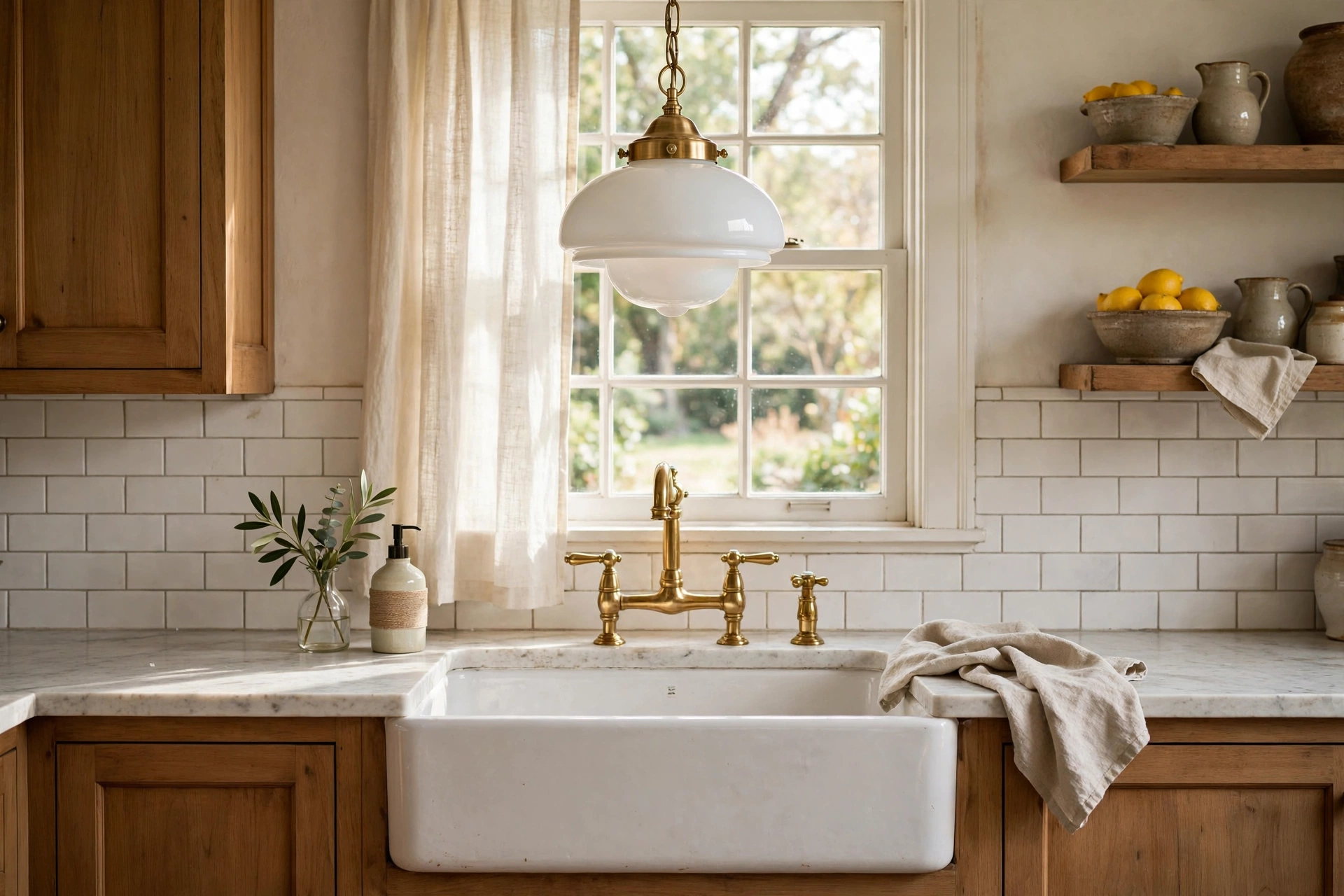 Opal glass schoolhouse pendant light hanging over a farmhouse kitchen sink