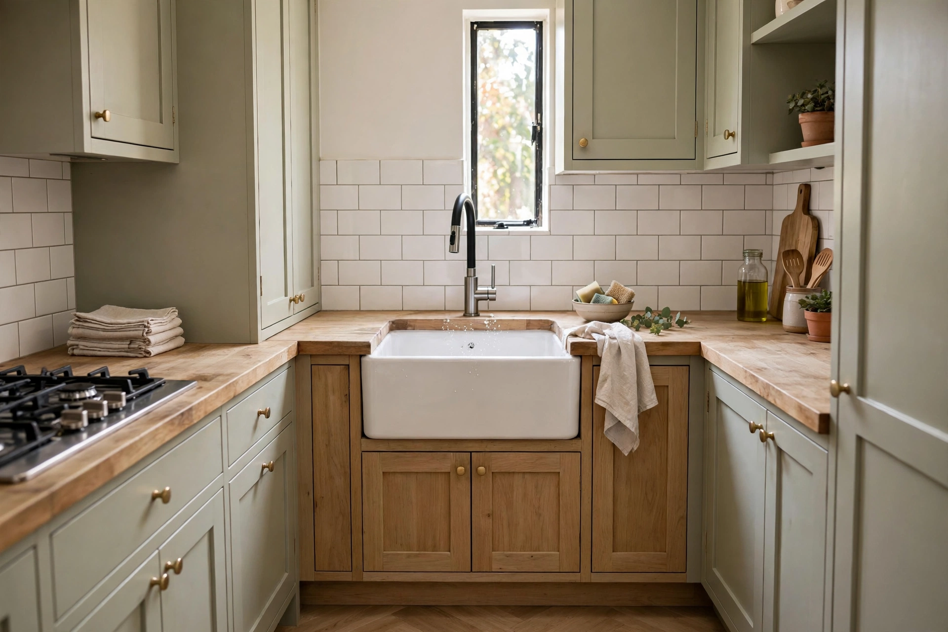 Compact 24-inch apron-front sink fitted into a small galley kitchen