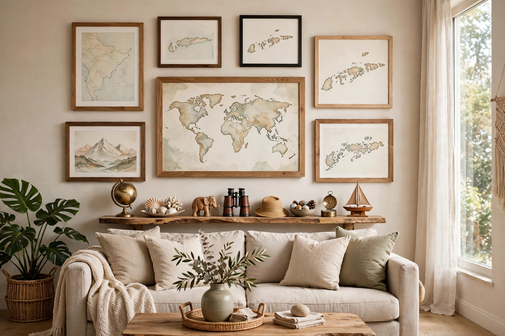 Travel themed gallery wall with maps and souvenirs in living room