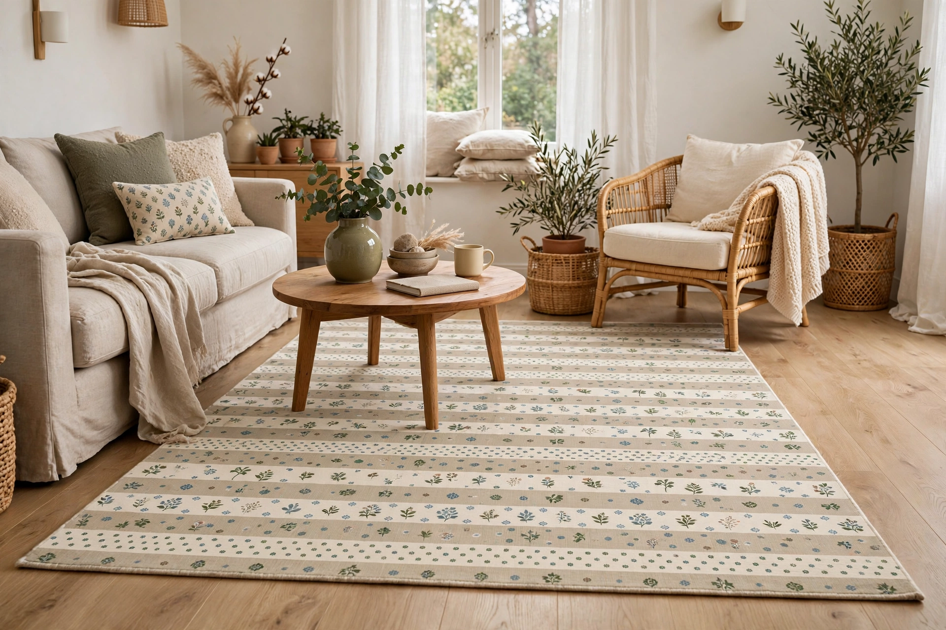 Patterned living room rug ideas mixing stripes with small prints