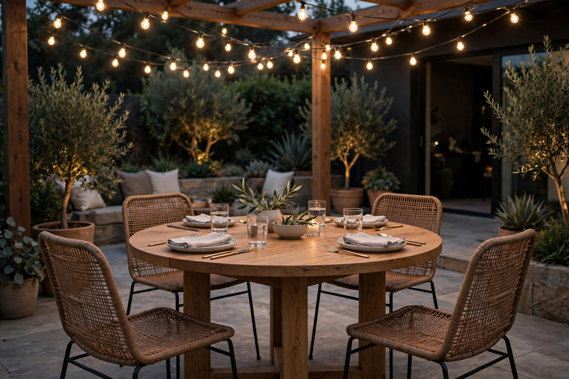 Round outdoor dining table with four chairs under lights