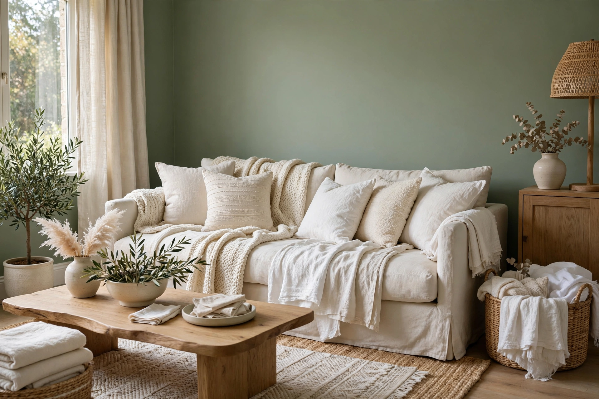 Cream and white textiles layered in a sage green living room