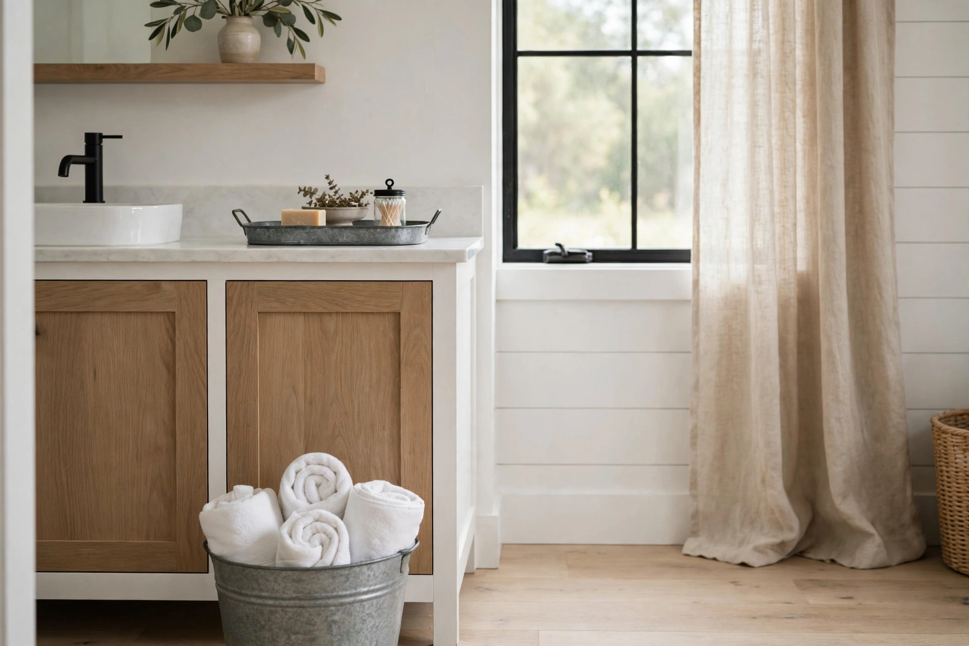 Galvanized bucket with rolled towels and metal tray in a farmhouse bathroom