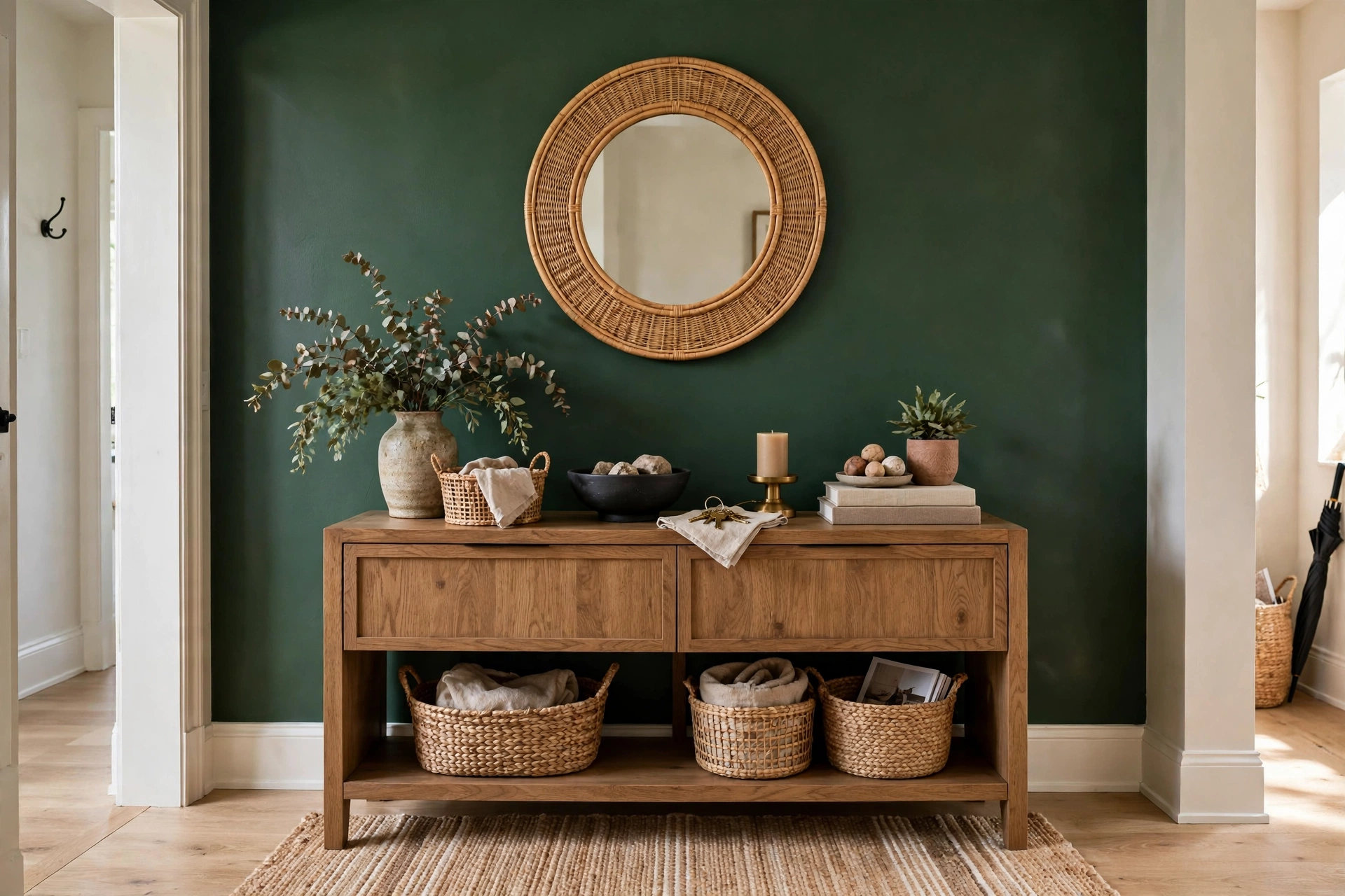 Deep green accent wall behind styled entryway console