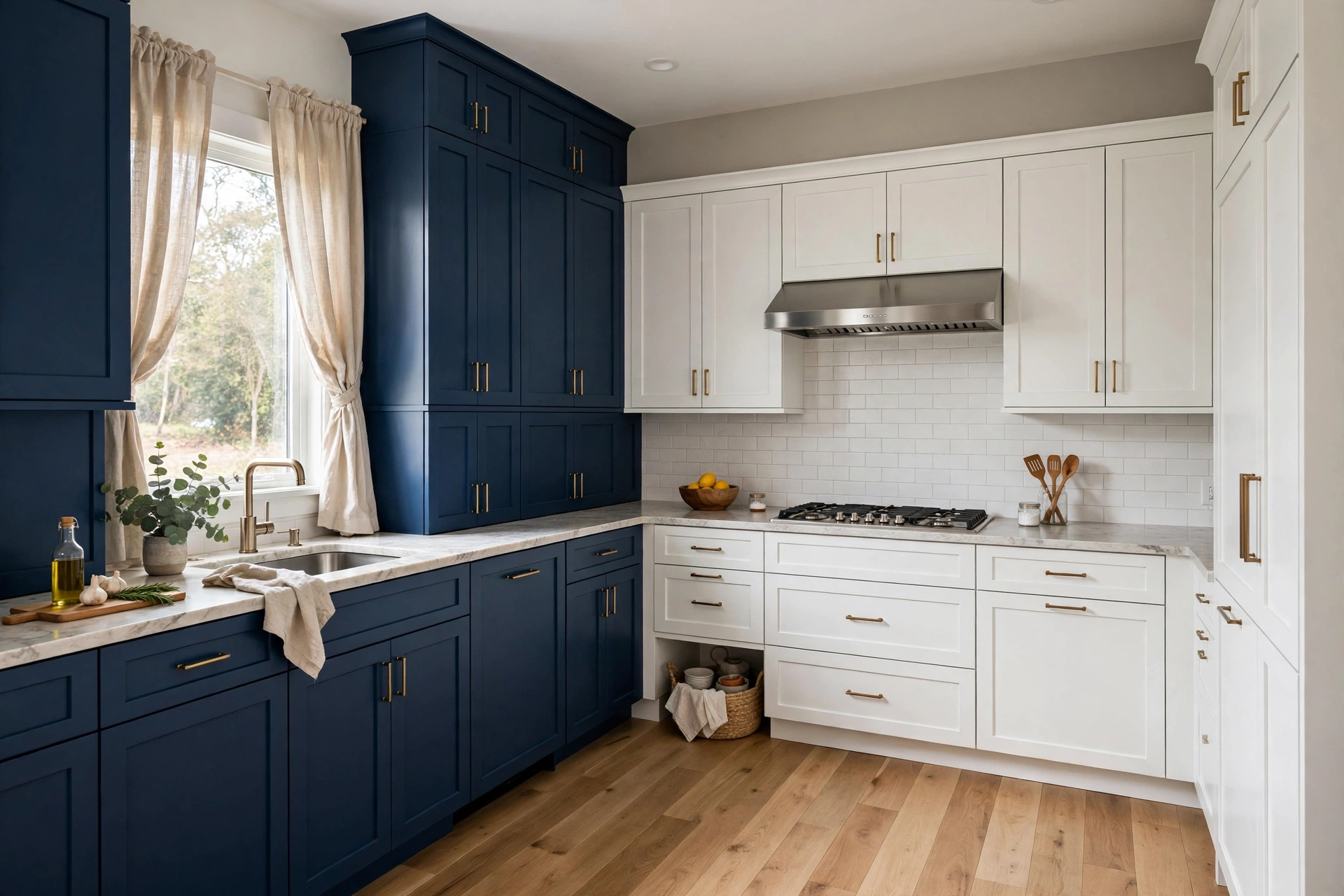 L-shaped kitchen with deep blue cabinets on one wall and white on the other