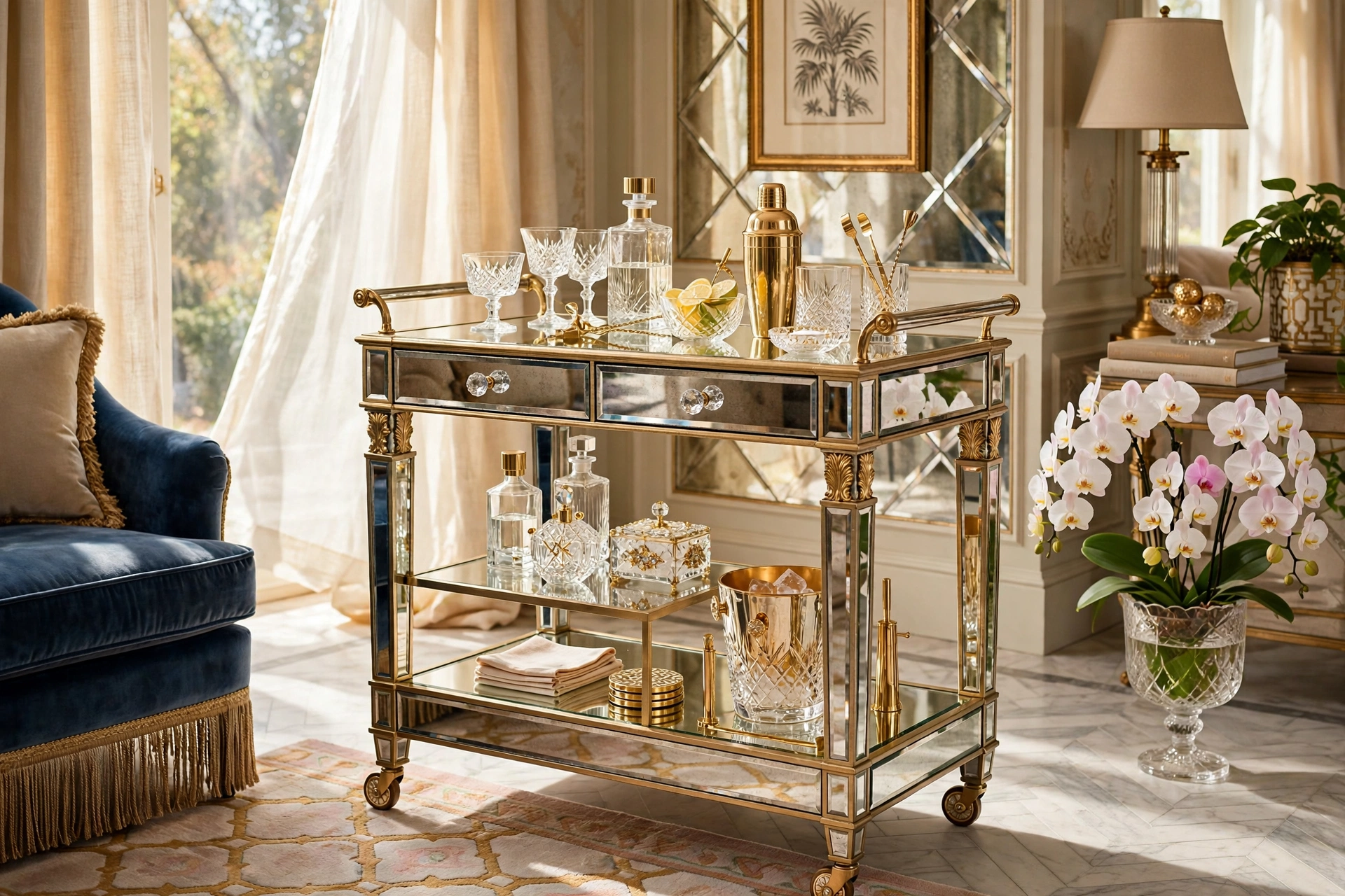 Hollywood Regency Mirrored Bar Cart With Gold And Crystal Accents