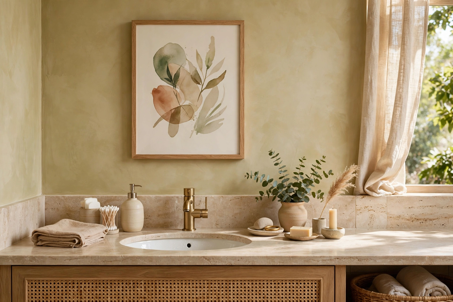 Framed Art Hung Above Styled Bathroom Counter
