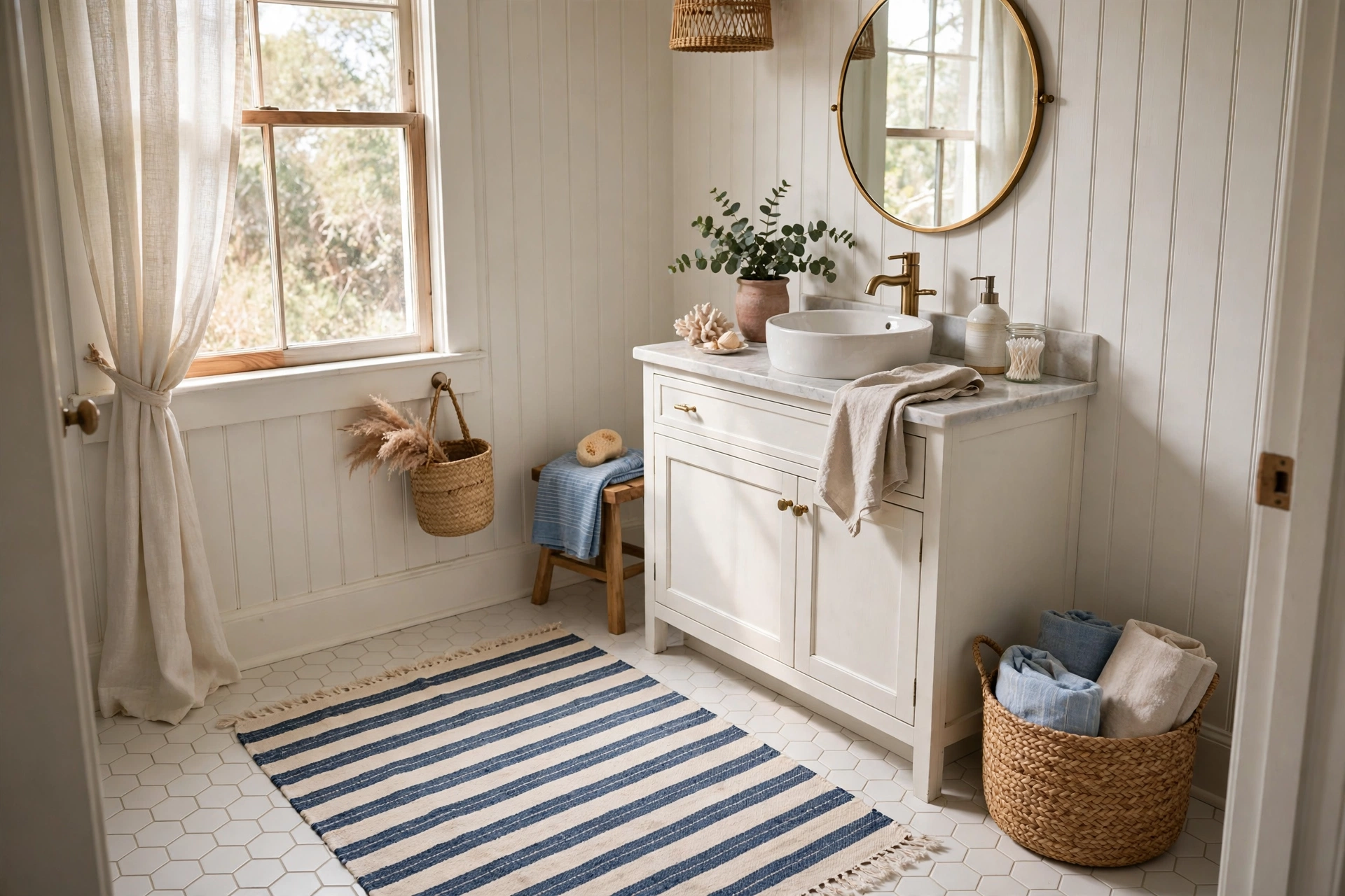Striped Cotton Rug Adding Coastal Charm To A Small Bathroom