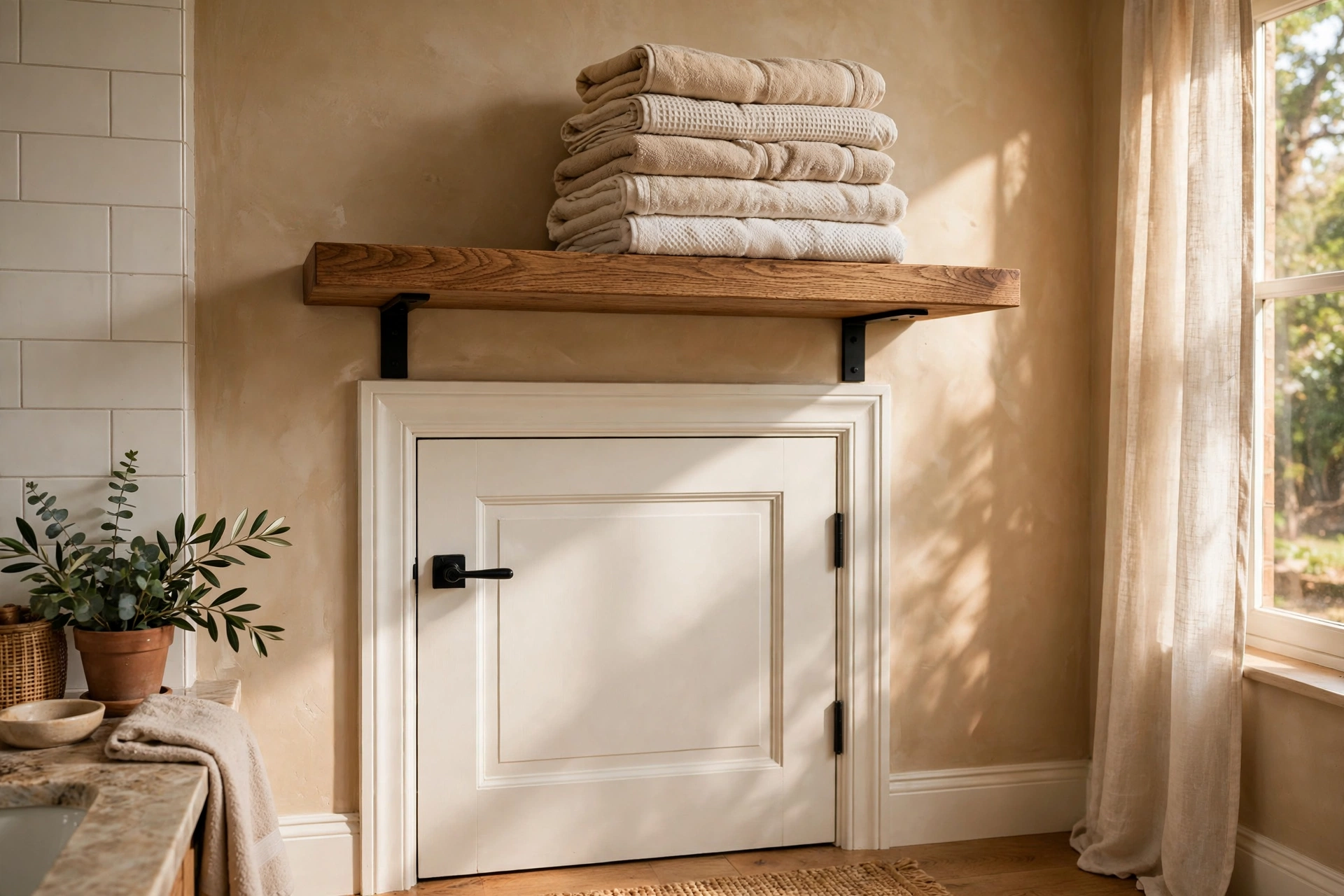 Sturdy Shelf Above A Bathroom Door Holding Stacked Towels