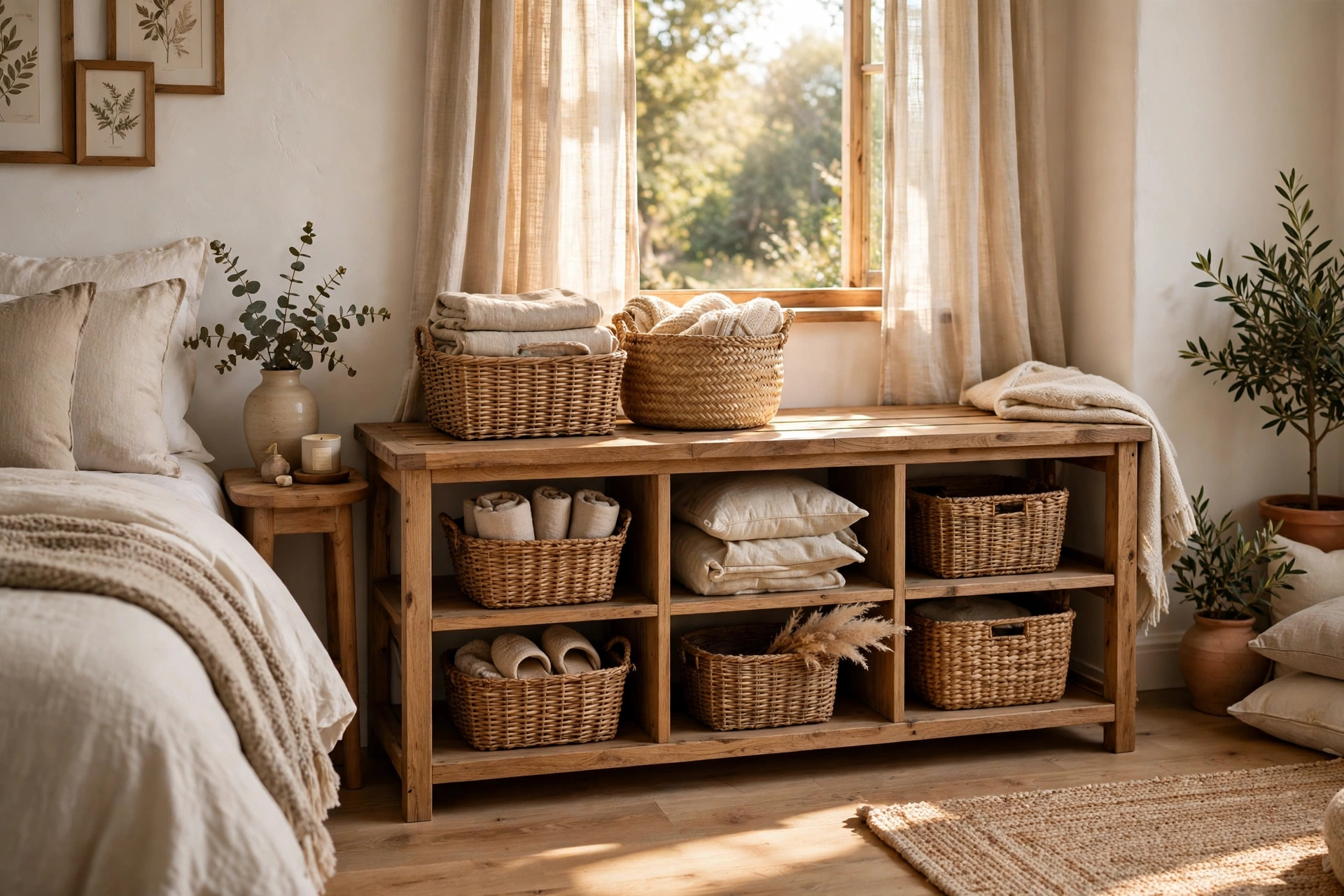 Open-Shelf Wooden Bench with Woven Storage Baskets in Guest Bedroom