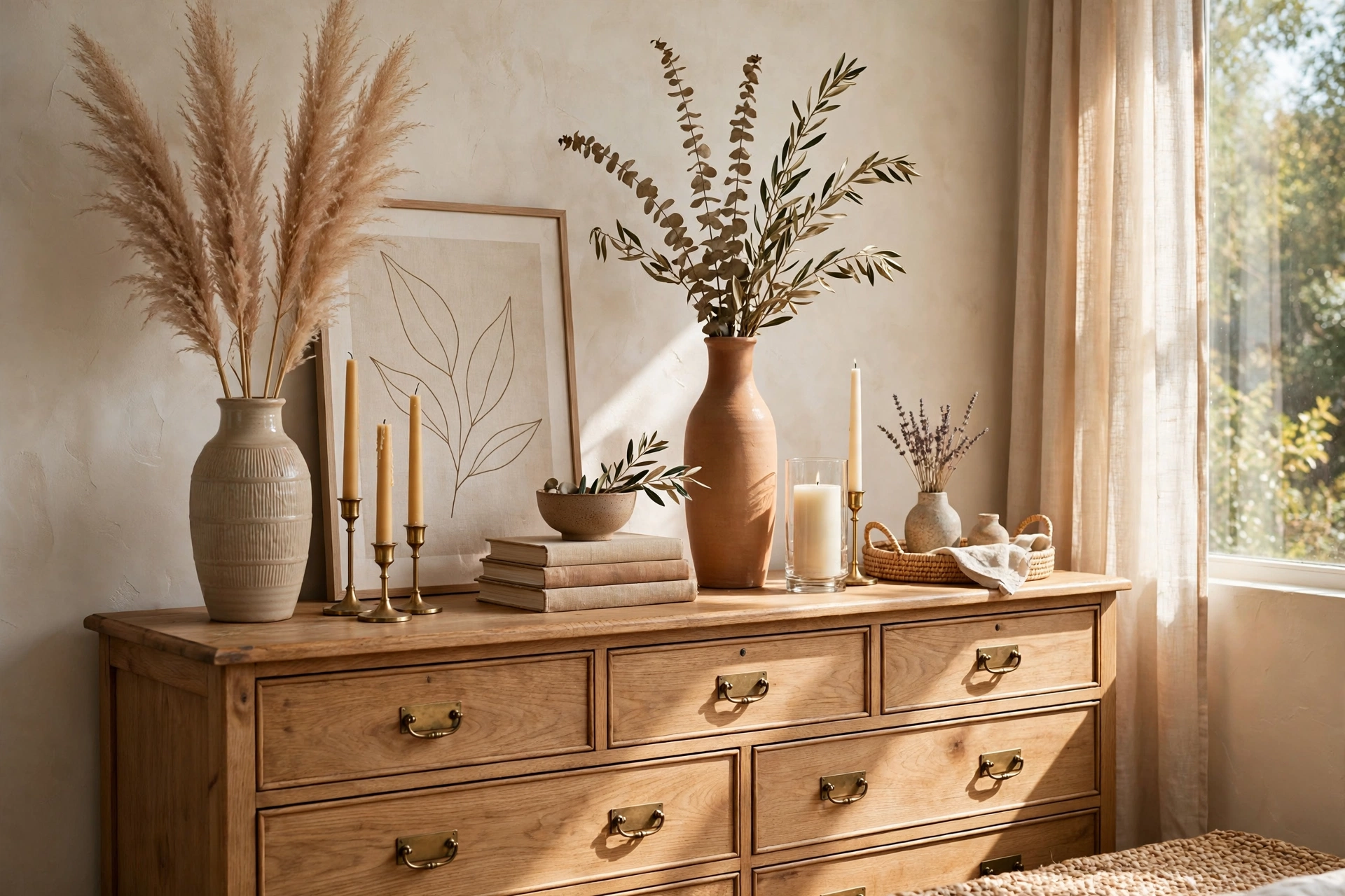 Tall Vases and Candles Adding Height to Dresser Styling