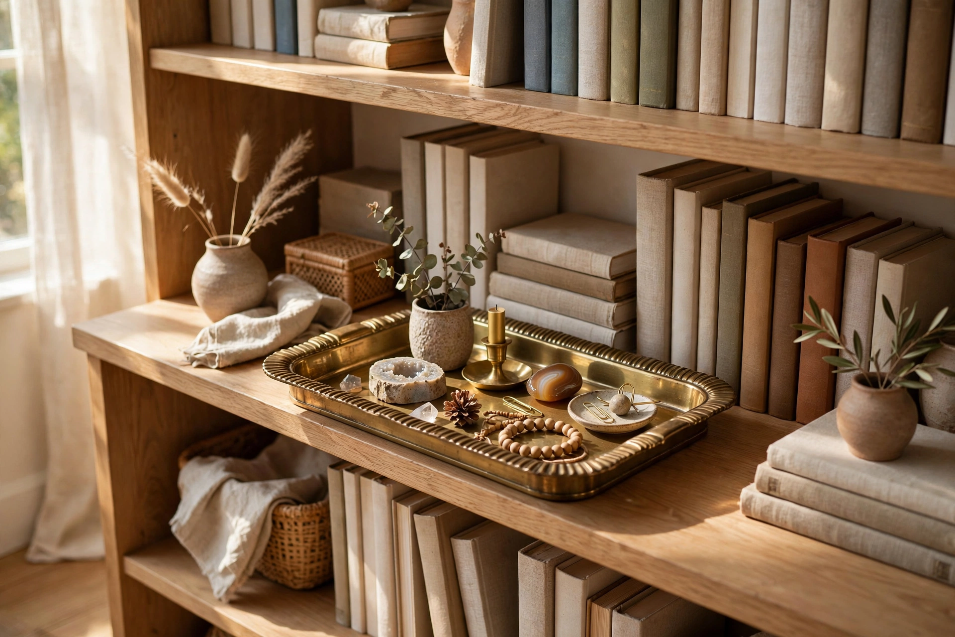 Decorative Brass Tray Corraling Small Objects On A Bookshelf