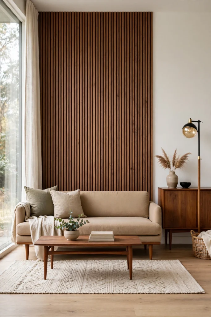 Vertical walnut slat accent wall behind a low sofa in a mid-century living room