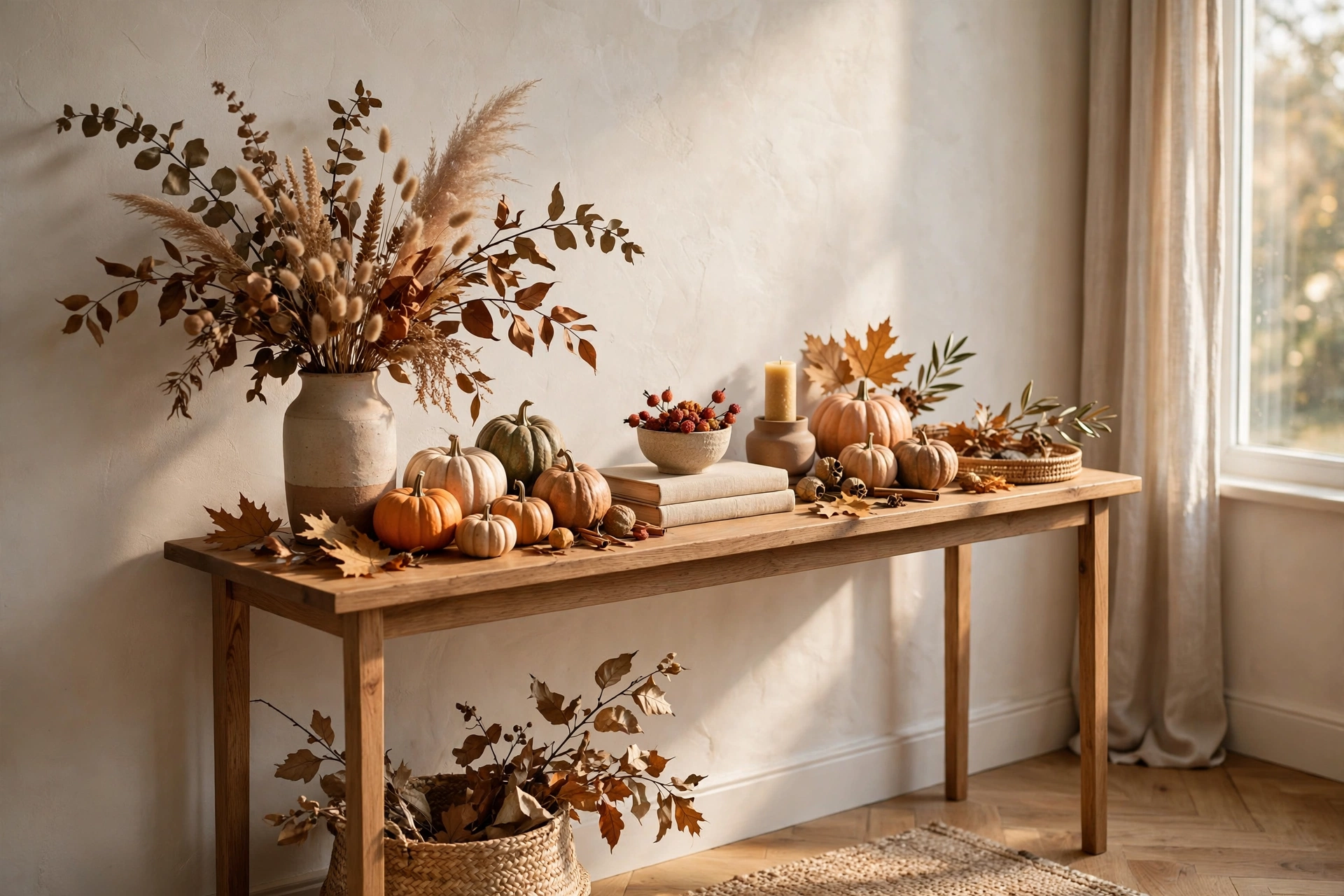 Seasonal Console Table Styling With Pumpkins And Dried Foliage