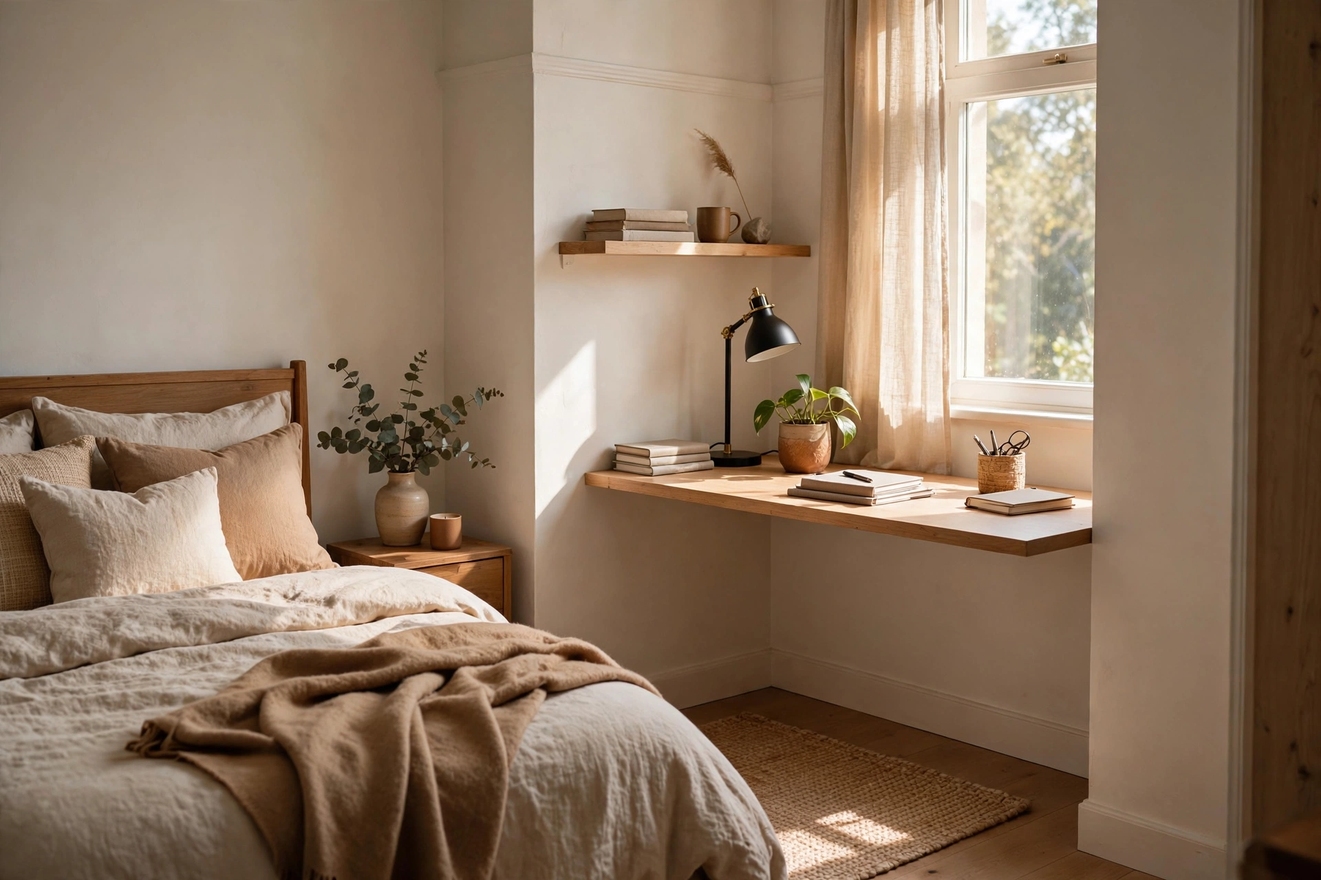 Small Corner Office Carved Out Of A Bedroom With A Compact Desk