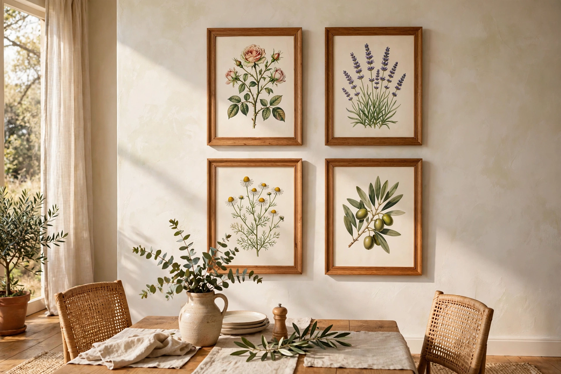 Framed Vintage Botanical Prints on a Dining Room Wall