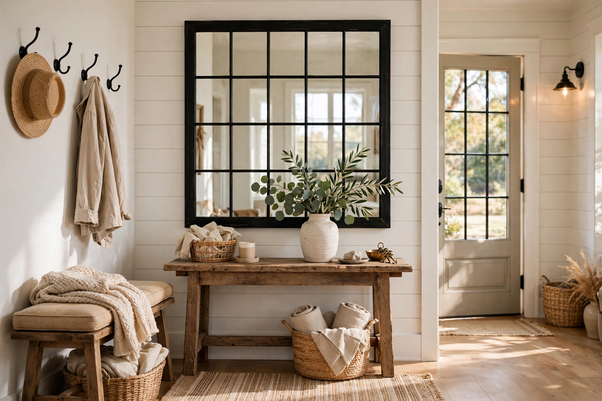 Windowpane Style Mirror in a Farmhouse Entryway