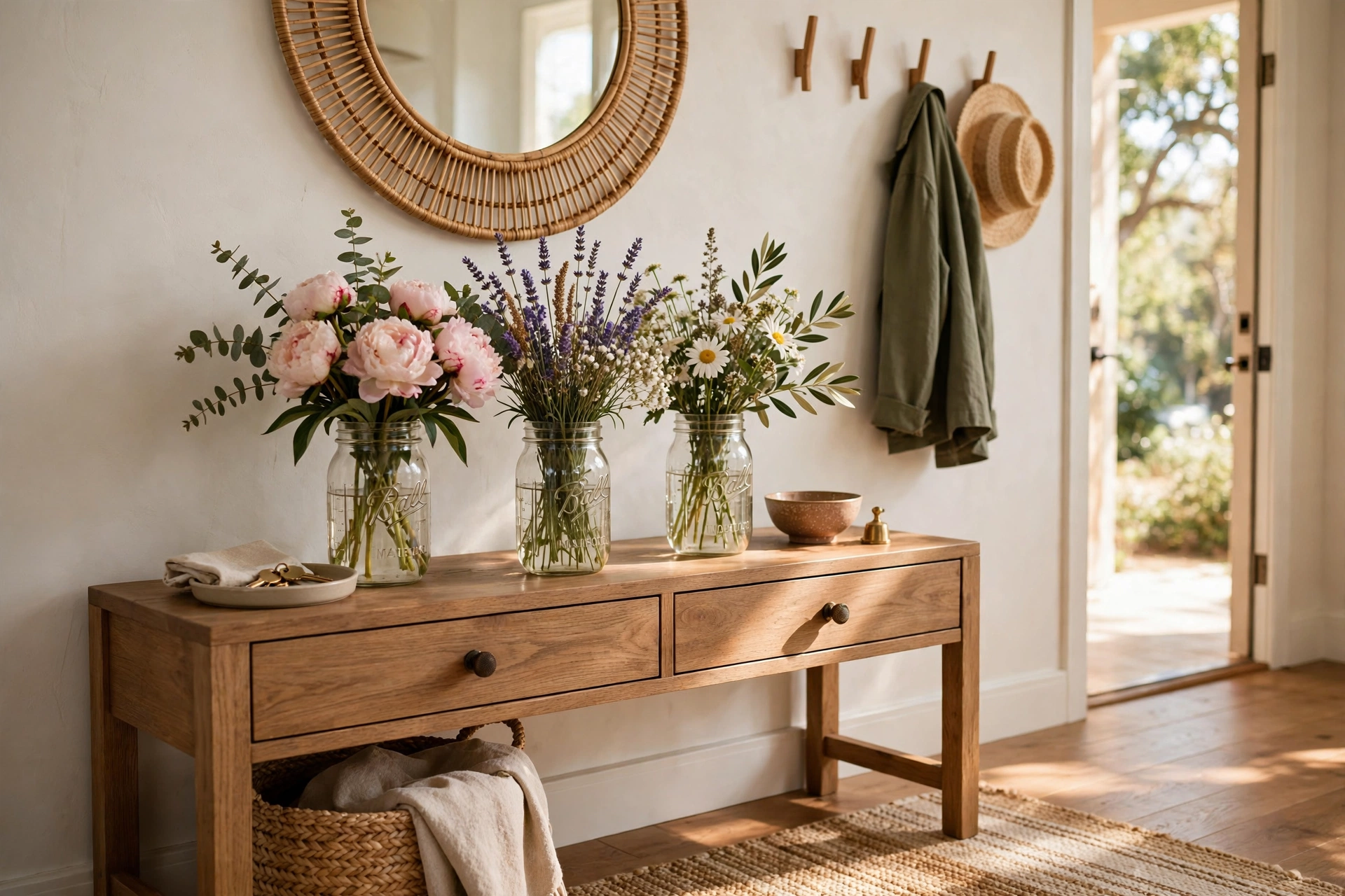 Mason Jar Vases With Flowers on an Entryway Console