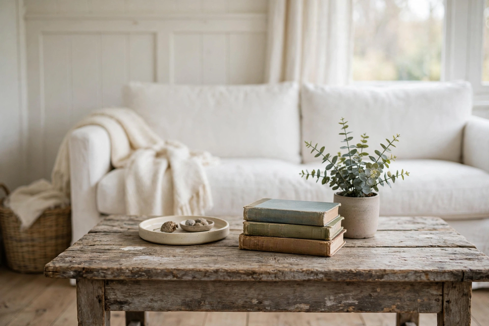 Weathered wood coffee table styled with vintage books and plants in cottage living room