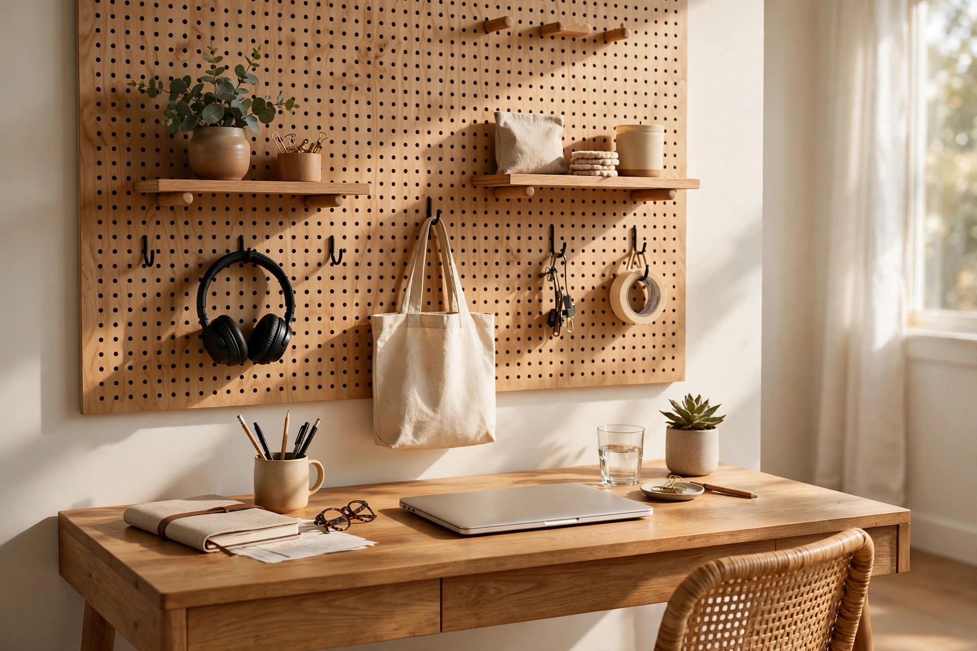 Pegboard Wall With Shelves And Hooks Above A Home Office Desk