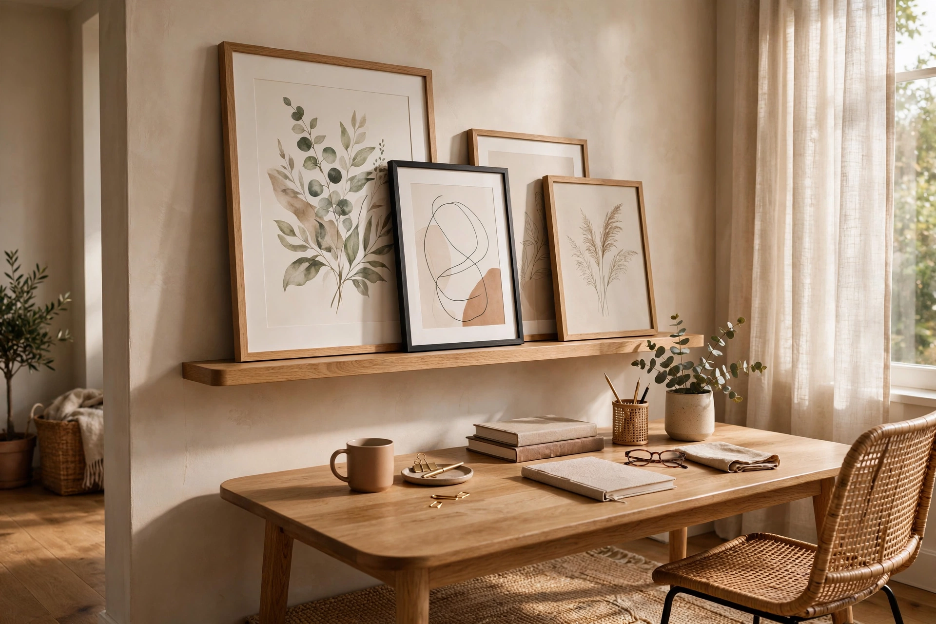 Home Office With Leaning Framed Art On Floating Shelf